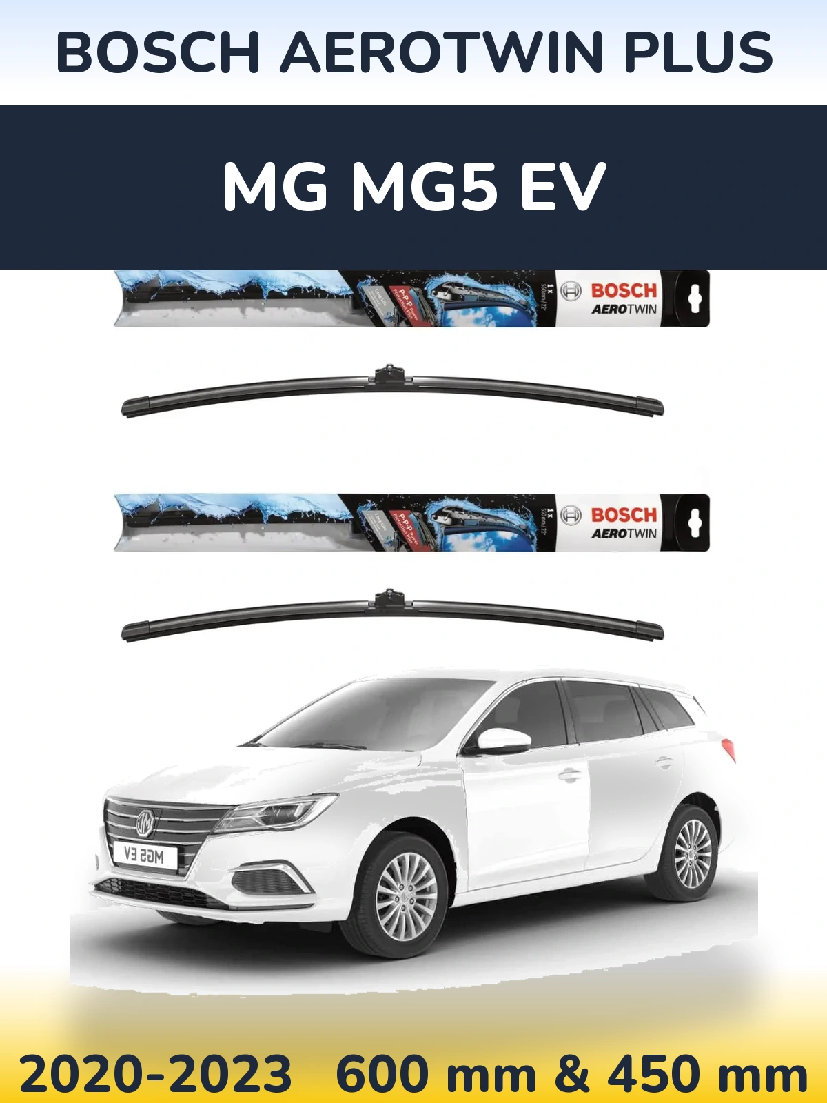 Front wiper blade set BOSCH AeroTwin Plus 600 & 450 mm for MG MG5 EV 2020-2023