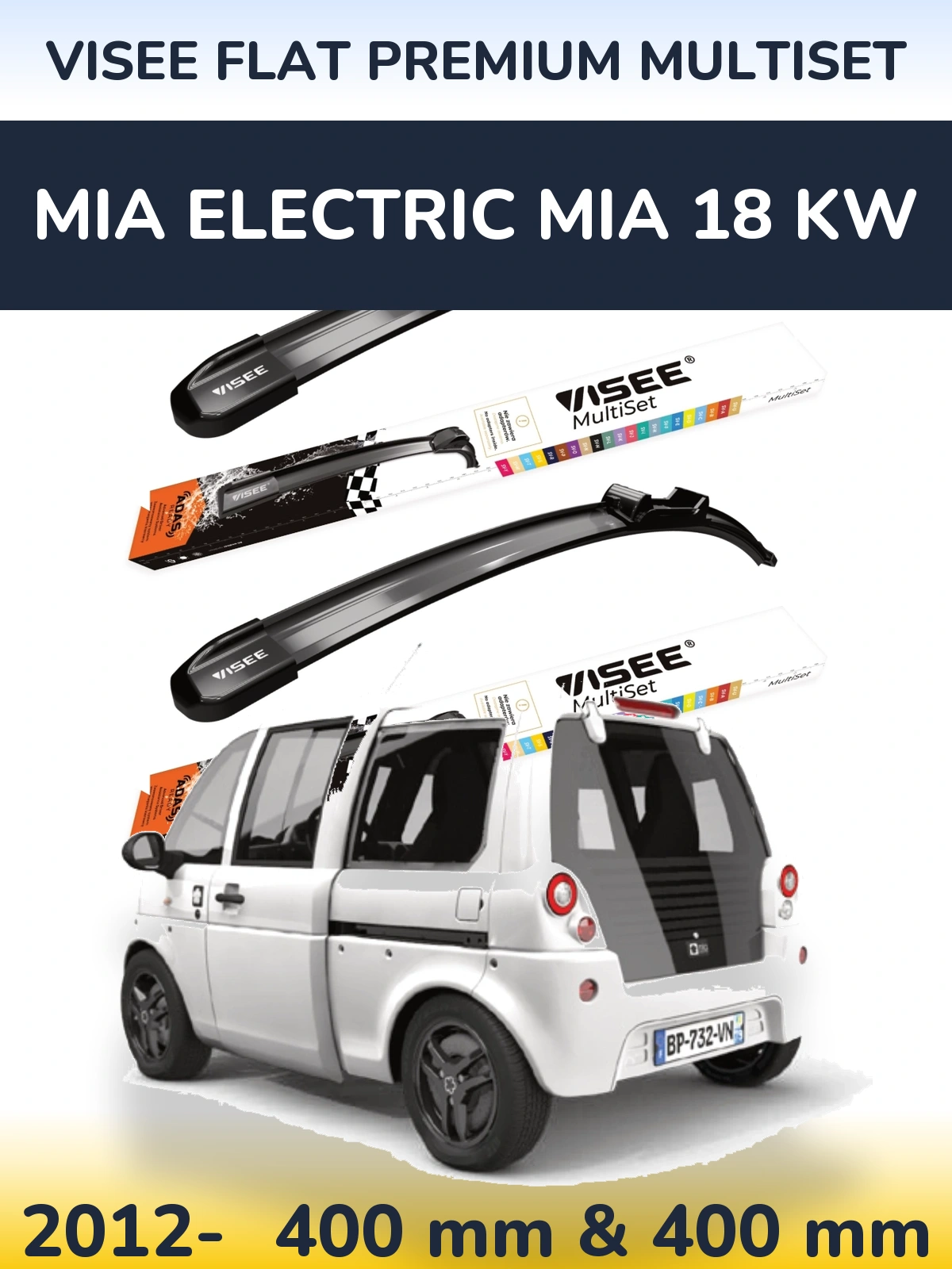 Front wiper blade set VISEE FLAT PREMIUM MultiSet 400 & 400 mm for MIA Electric mia 18 kw 2012-2026