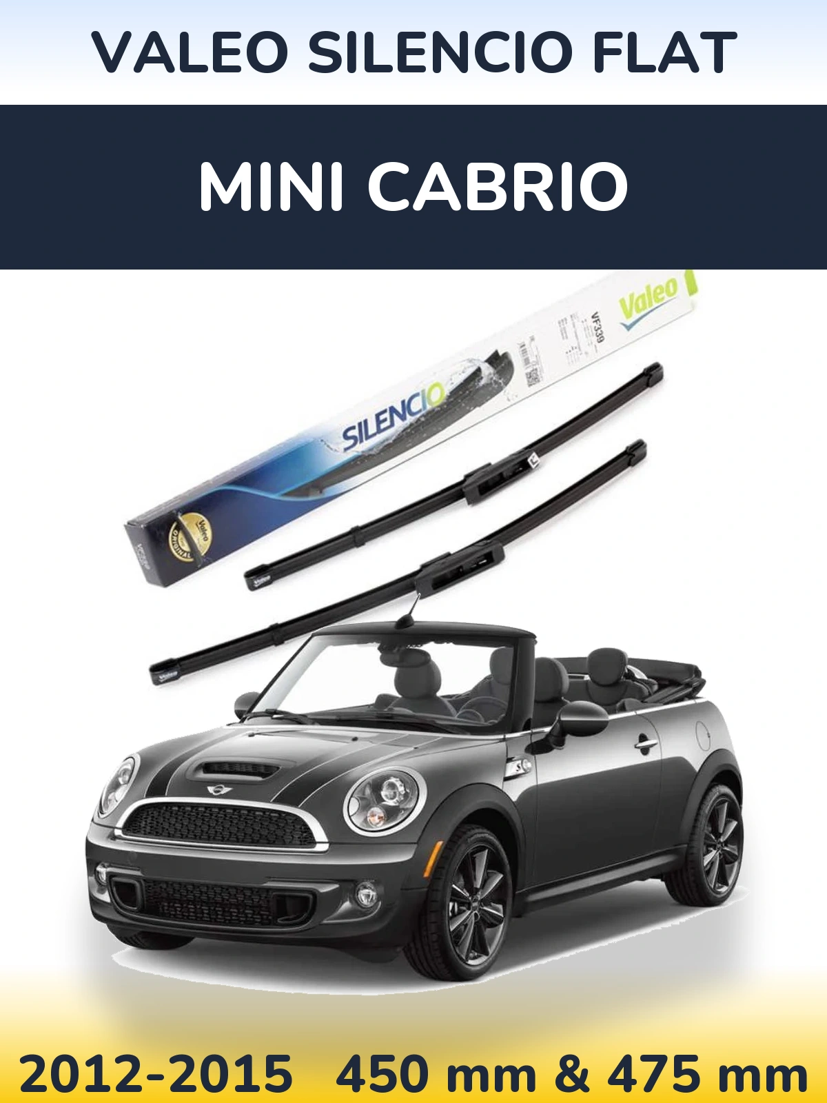 Front wiper blade set Valeo Silencio Flat 450 & 475 mm for MINI Cabrio 2012-2015