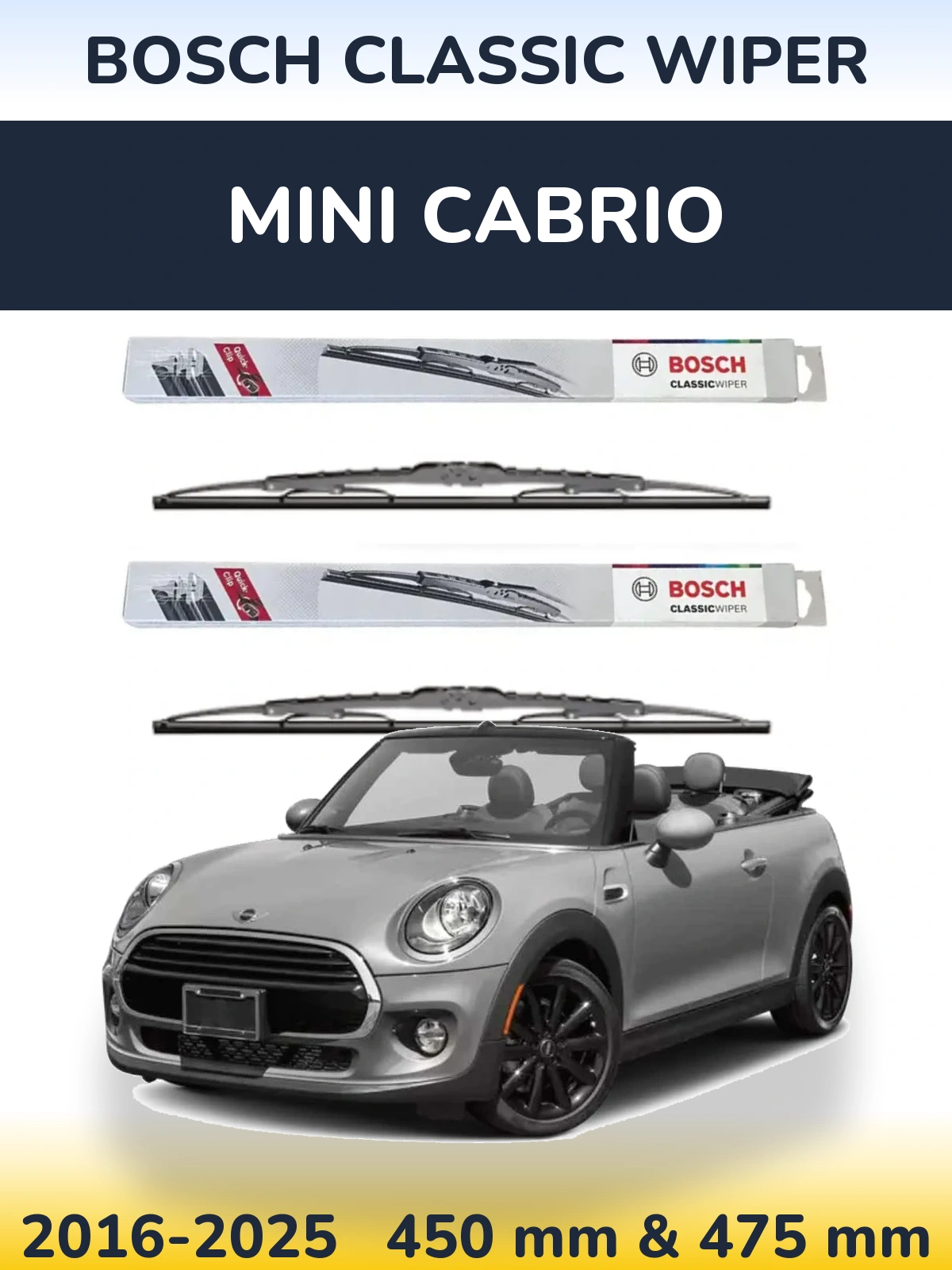 Front wiper blade set BOSCH Classic Wiper 450 & 475 mm for MINI Cabrio 2016-2025