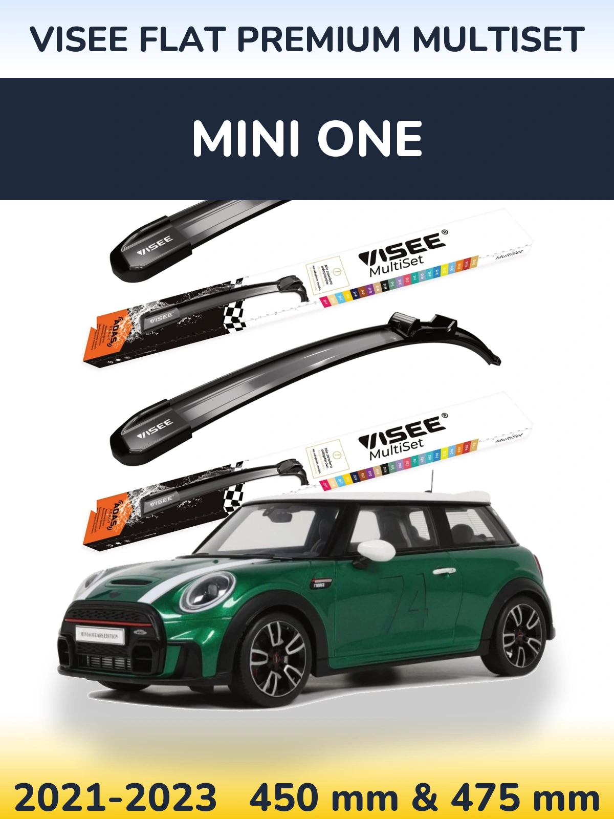 Front wiper blade set VISEE FLAT PREMIUM MultiSet 450 & 475 mm for MINI One 2021-2023