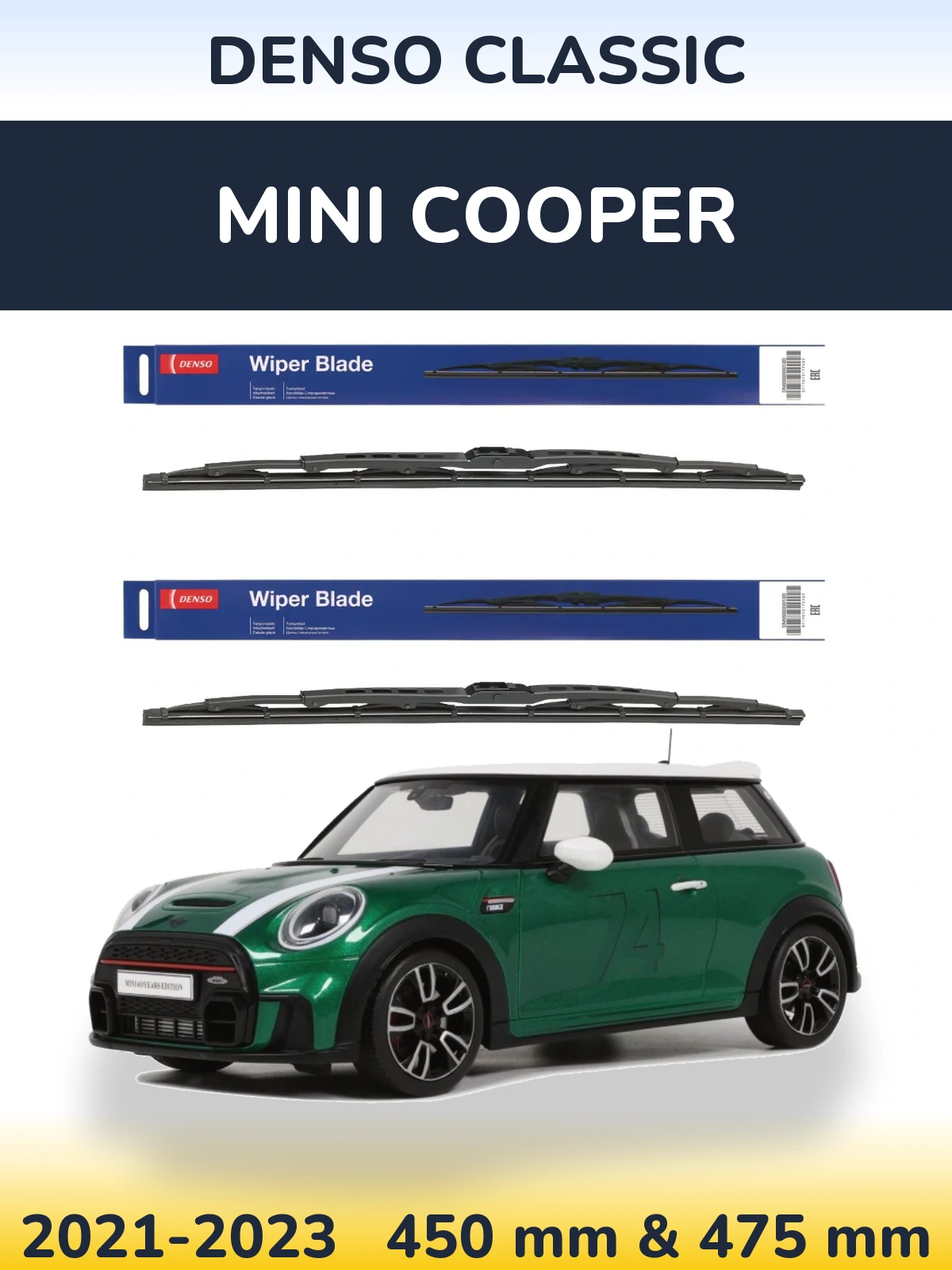Front wiper blade set Denso Classic 450 & 475 mm for MINI Cooper 2021-2023