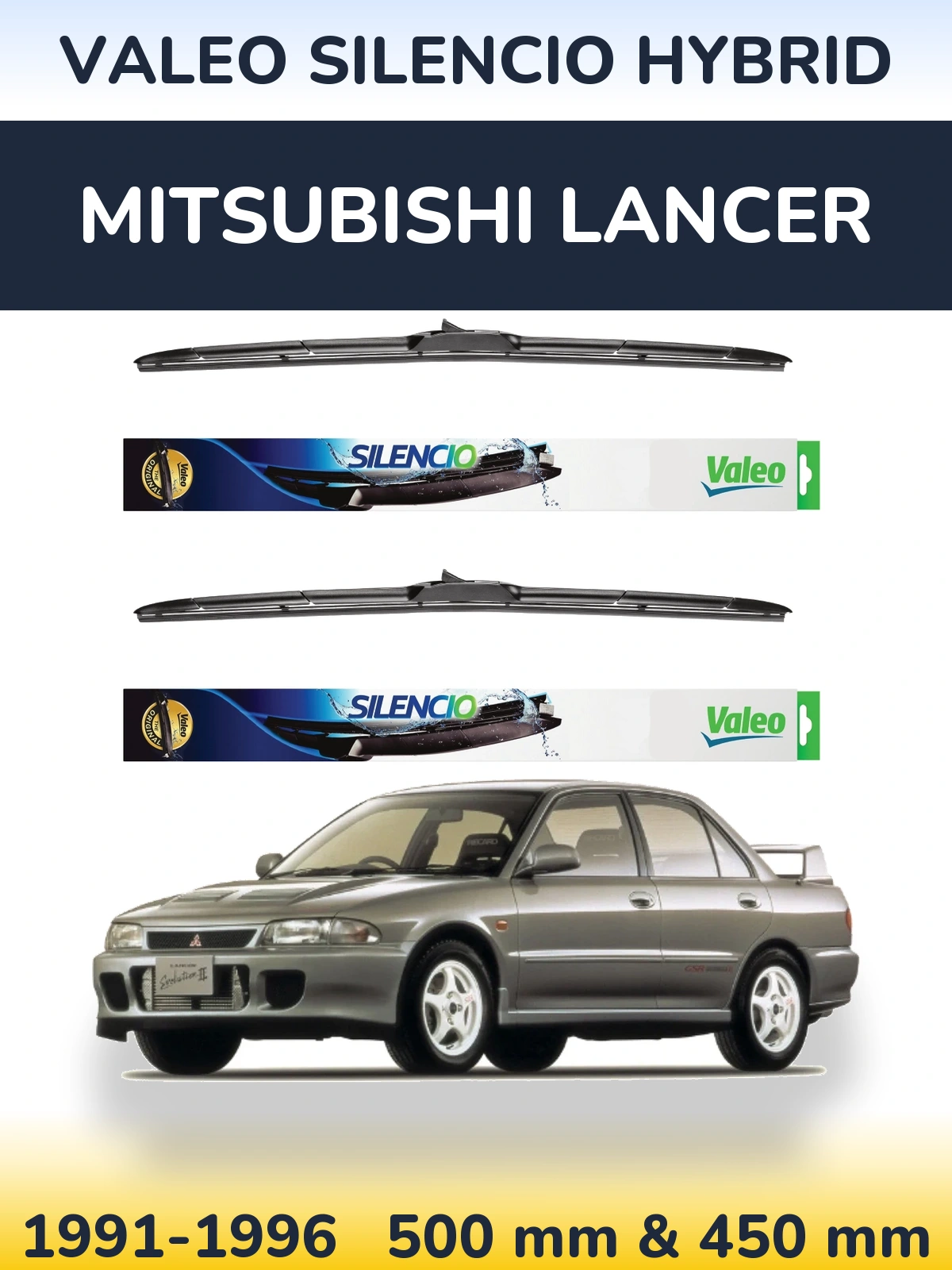 Front wiper blade set Valeo Silencio Hybrid 500 & 450 mm for Mitsubishi Lancer 1991-1996