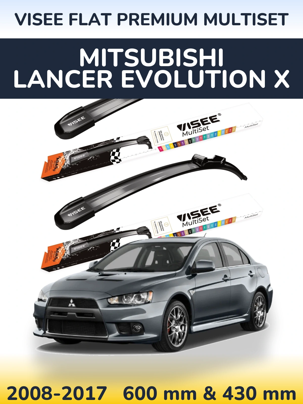 Комплект передніх щіток VISEE FLAT PREMIUM MultiSet 600 & 430 мм для Mitsubishi Lancer Evolution X 2008-2017