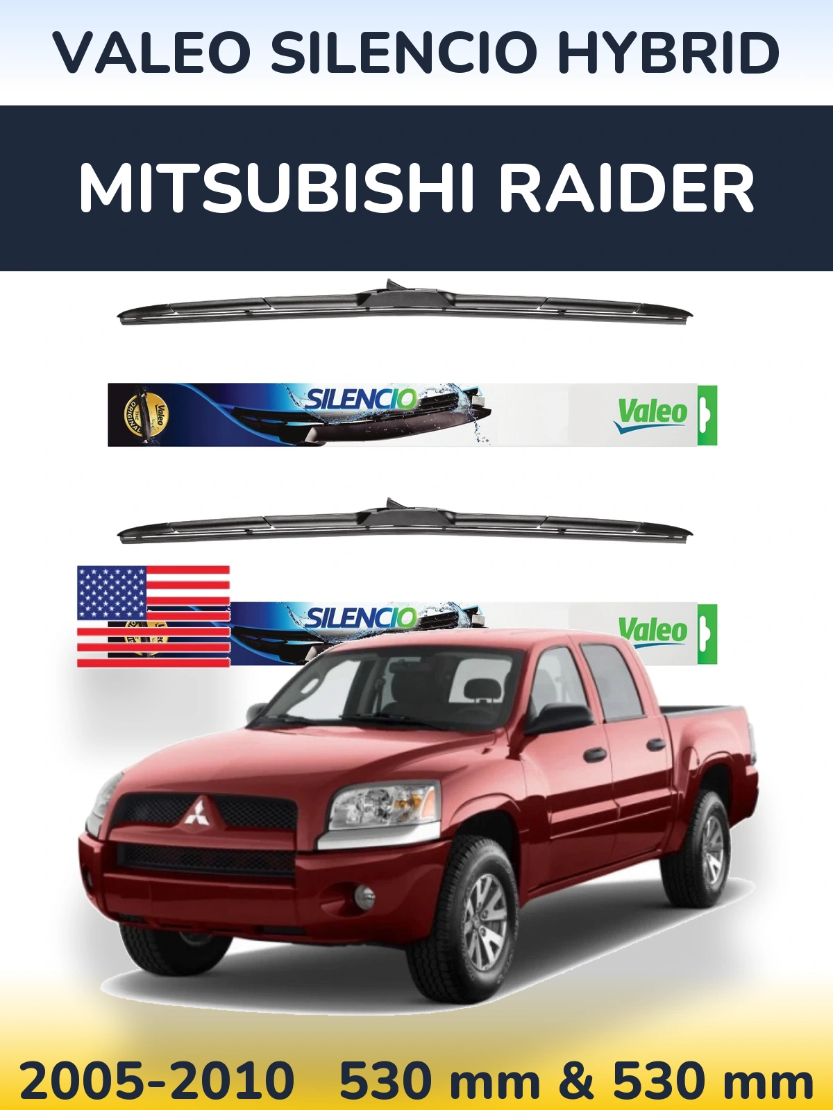 Комплект передних дворников Valeo Silencio Hybrid 530 & 530 мм для Mitsubishi Raider 2005-2010