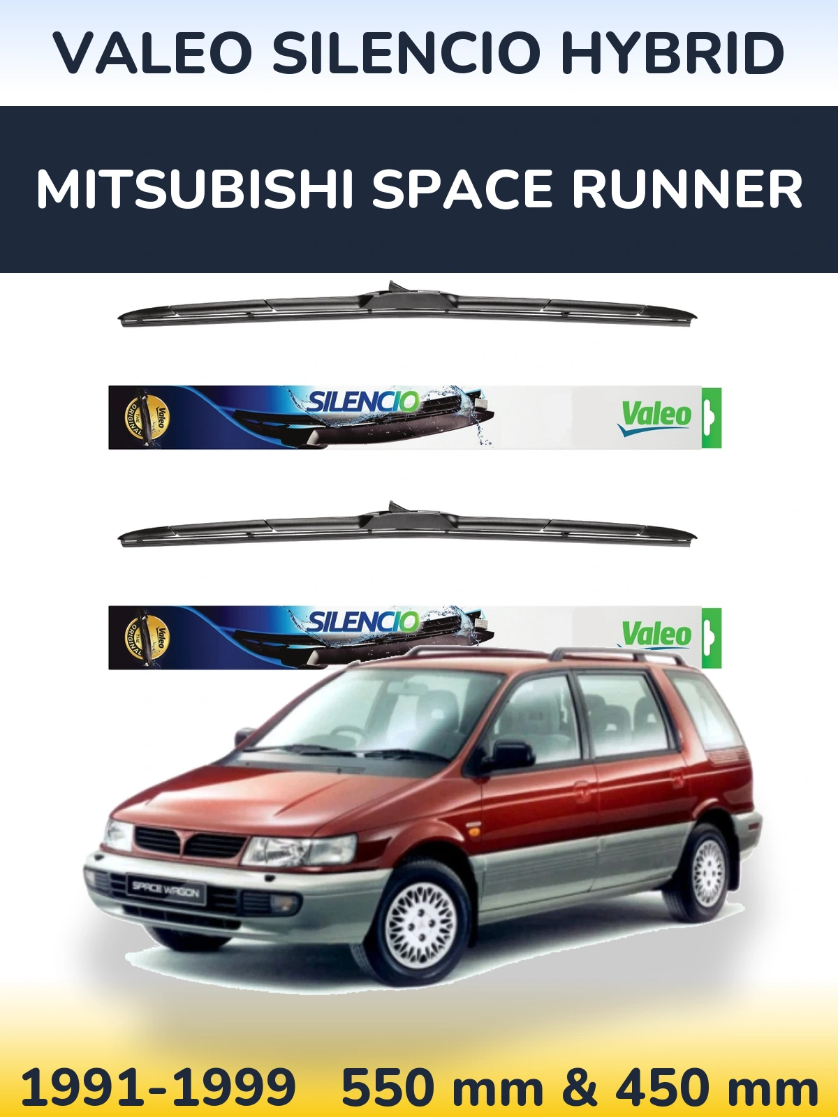 Front wiper blade set Valeo Silencio Hybrid 550 & 450 mm for Mitsubishi Space Runner 1991-1999