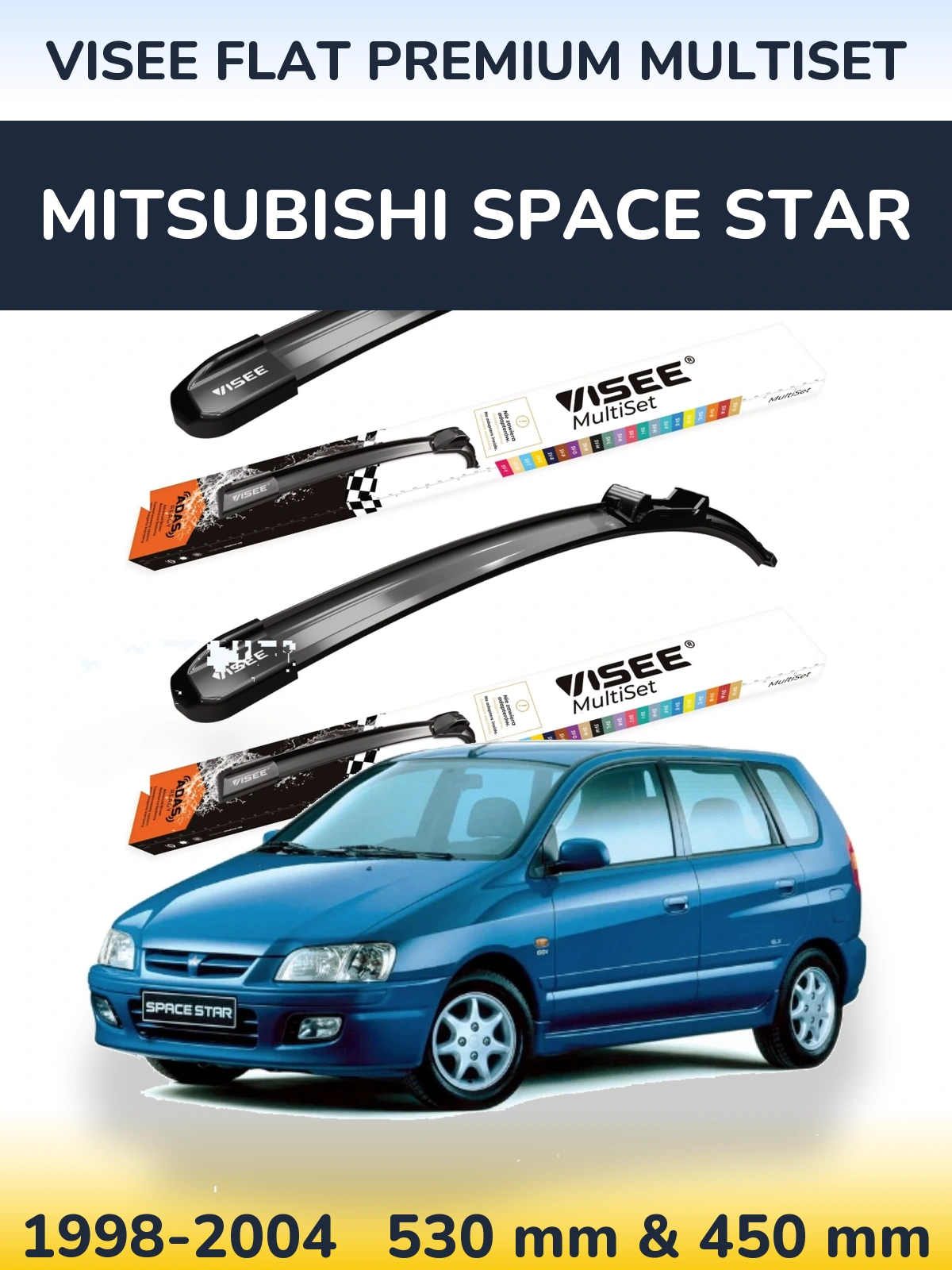 Front wiper blade set VISEE FLAT PREMIUM MultiSet 530 & 450 mm for Mitsubishi Space Star 1998-2004