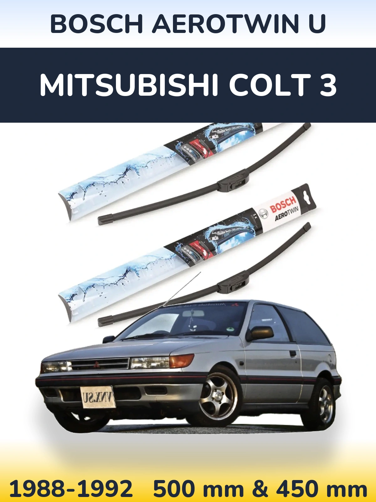Front wiper blade set BOSCH AeroTwin U 500 & 450 mm for Mitsubishi Colt 3 1988-1992
