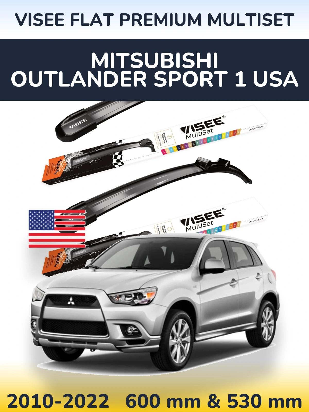 Комплект передних дворников VISEE FLAT PREMIUM MultiSet 600 & 530 мм для Mitsubishi Outlander Sport 1 USA 2010-2022