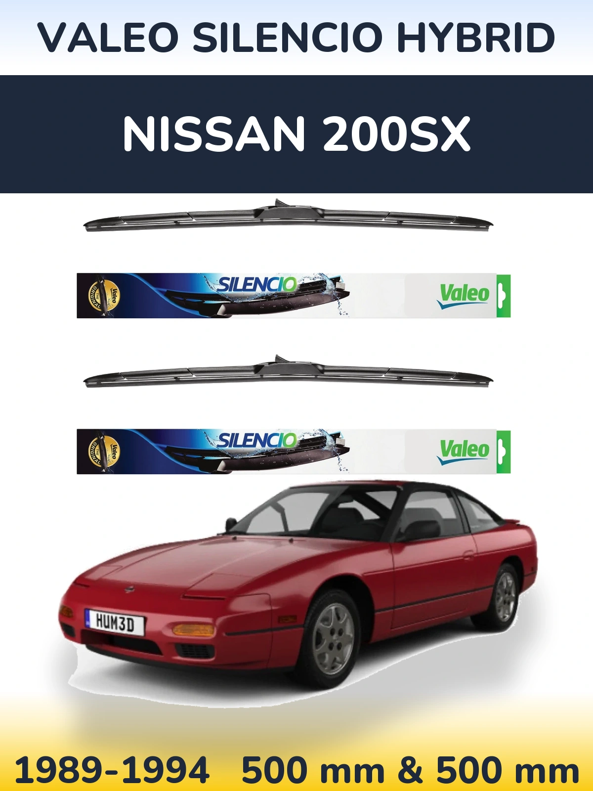 Front wiper blade set Valeo Silencio Hybrid 500 & 500 mm for Nissan 200SX 1989-1994