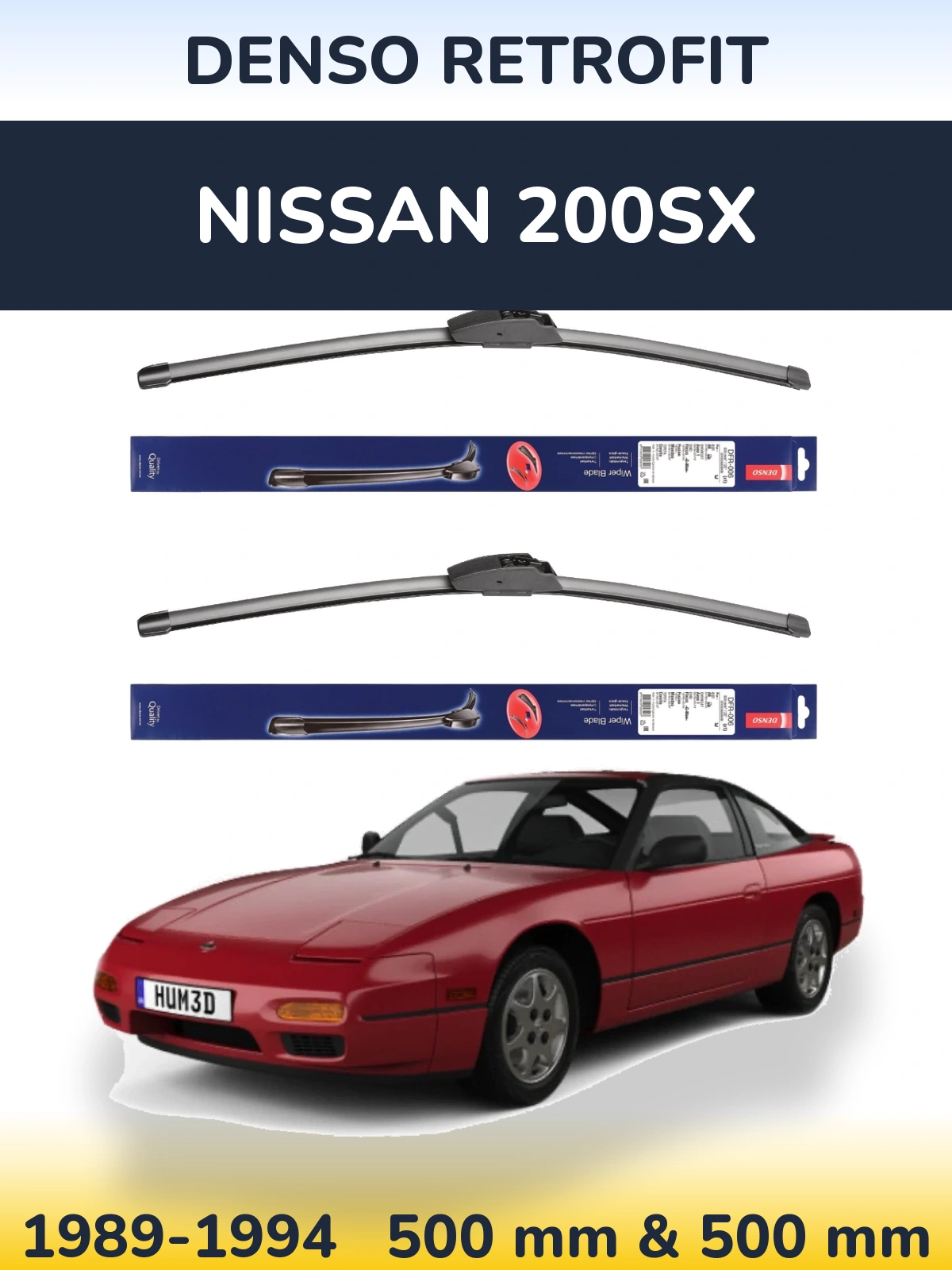 Front wiper blade set Denso Retrofit 500 & 500 mm for Nissan 200SX 1989-1994
