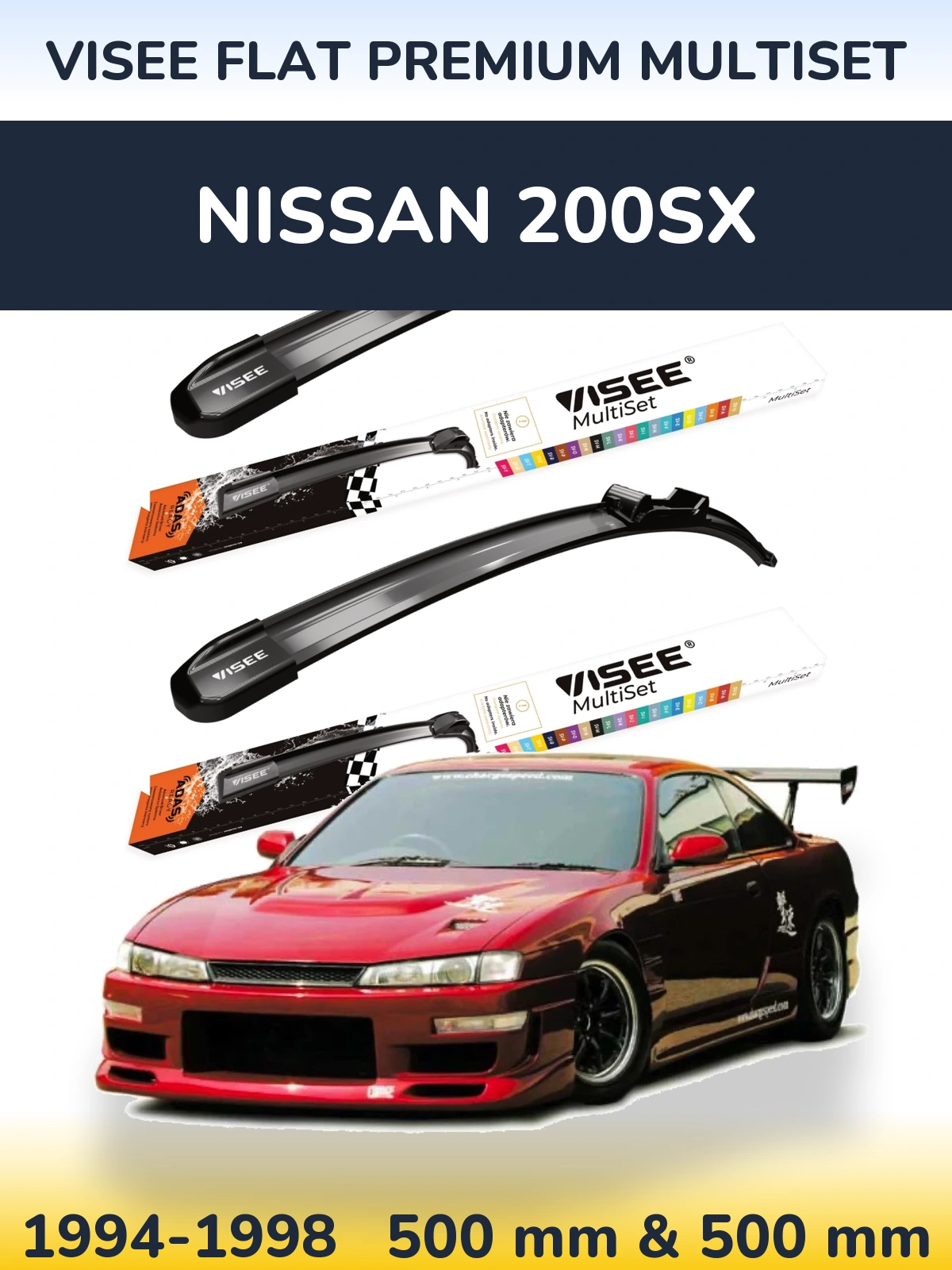 Front wiper blade set VISEE FLAT PREMIUM MultiSet 500 & 500 mm for Nissan 200SX 1994-1998