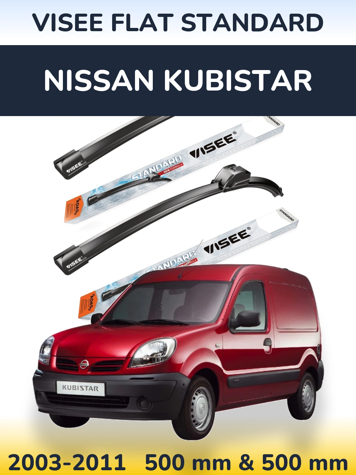 Комплект передних дворников VISEE FLAT STANDARD 500 & 500 мм для Nissan Kubistar 2003-2011