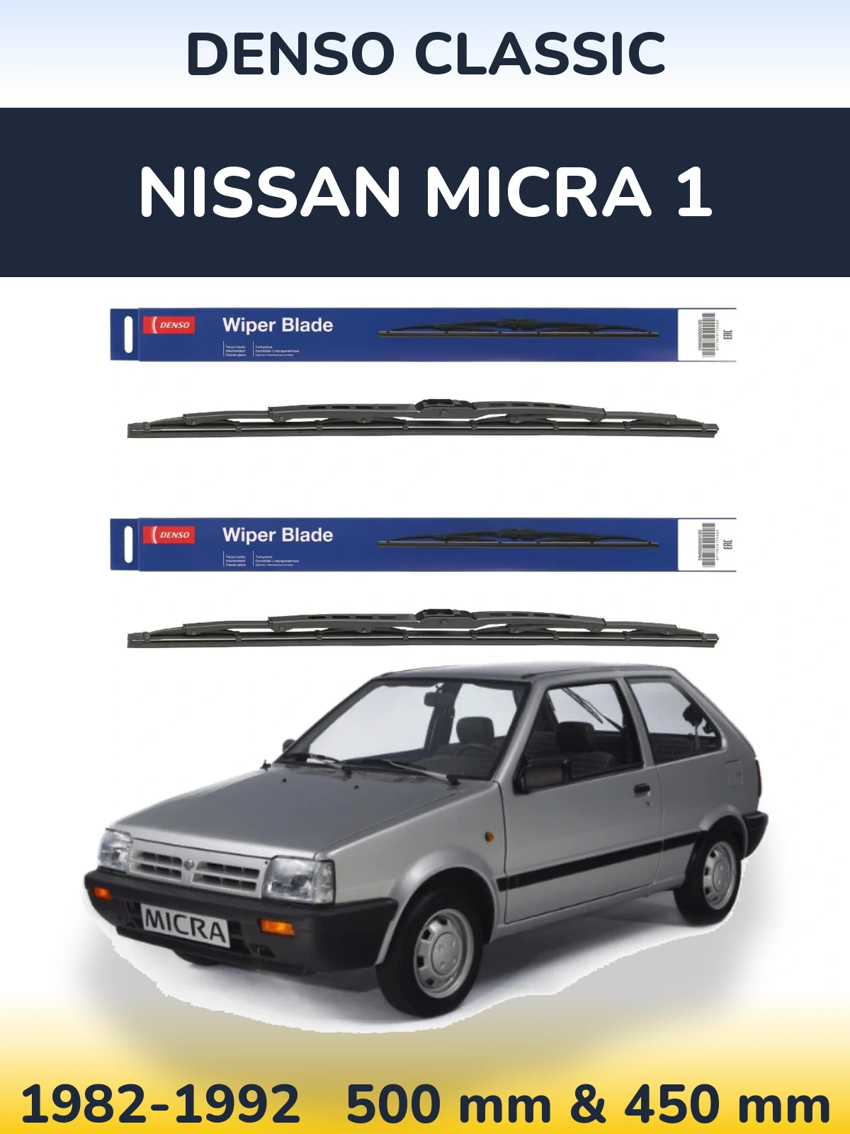 Front wiper blade set Denso Classic 500 & 450 mm for Nissan Micra 1 1982-1992