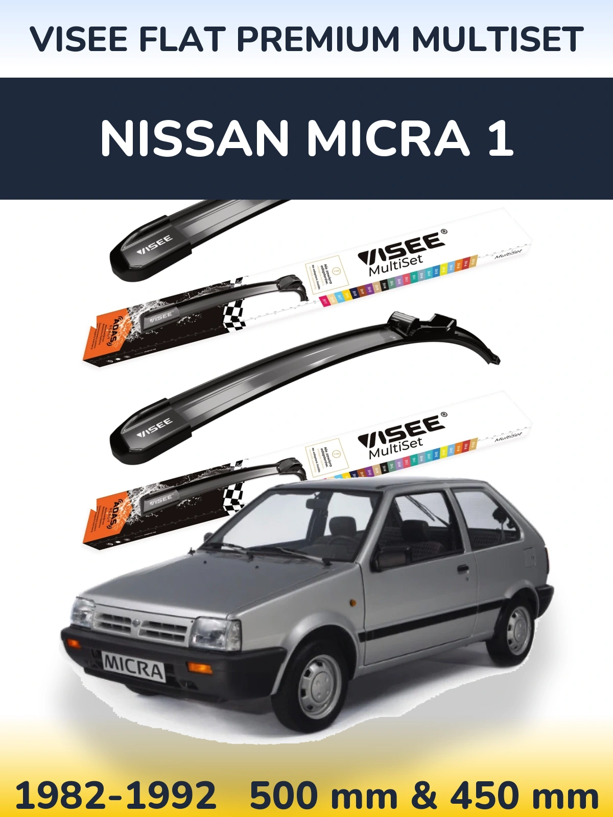 Front wiper blade set VISEE FLAT PREMIUM MultiSet 500 & 450 mm for Nissan Micra 1 1982-1992