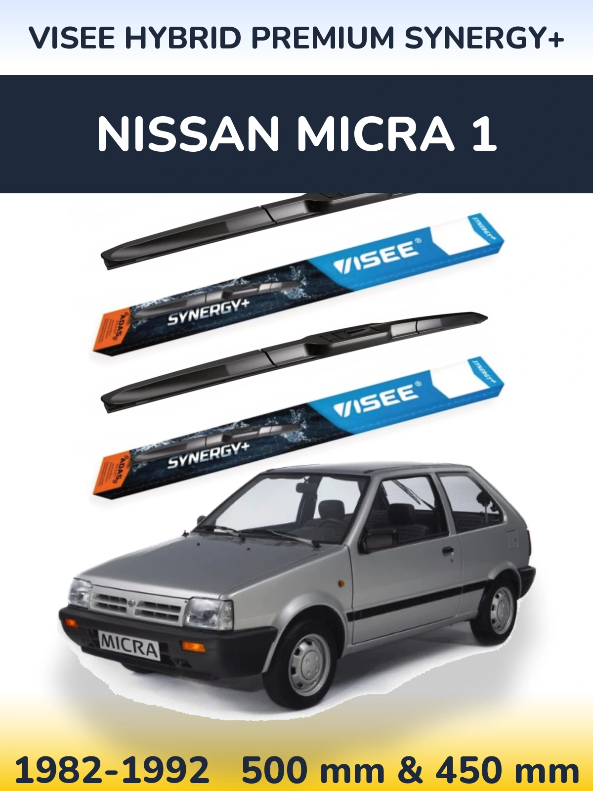 Front wiper blade set VISEE HYBRID PREMIUM SYNERGY+ 500 & 450 mm for Nissan Micra 1 1982-1992