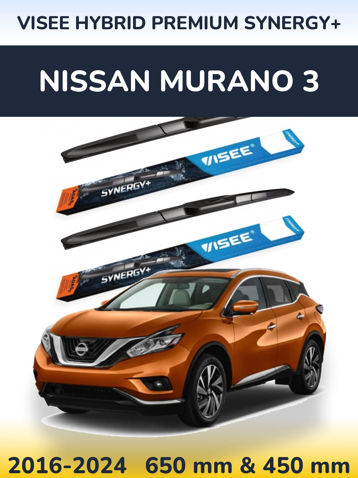 Front wiper blade set VISEE HYBRID PREMIUM SYNERGY+ 650 & 450 mm for Nissan Murano 3 2016-2024