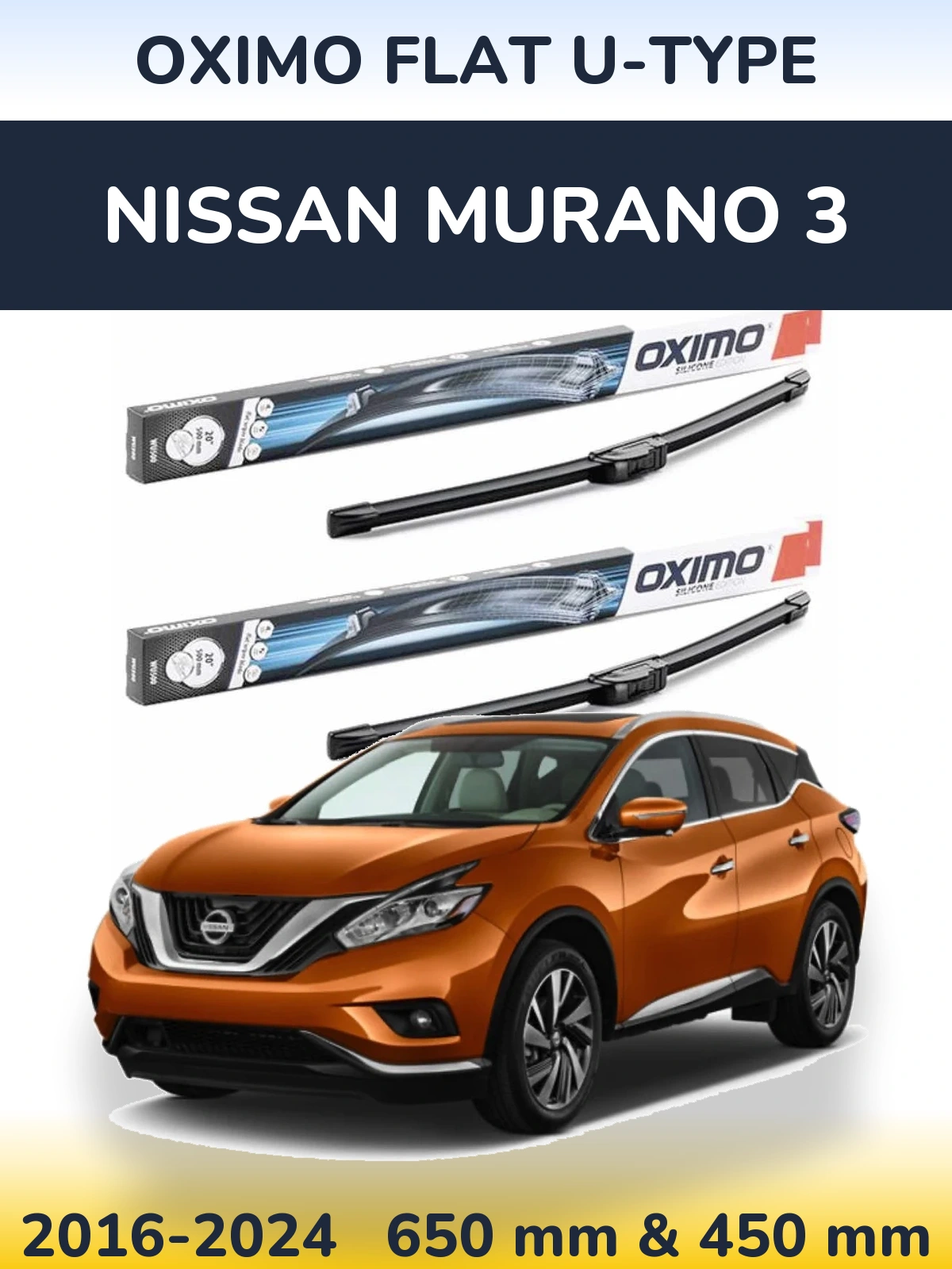 Front wiper blade set Oximo Flat U-type 650 & 450 mm for Nissan Murano 3 2016-2024