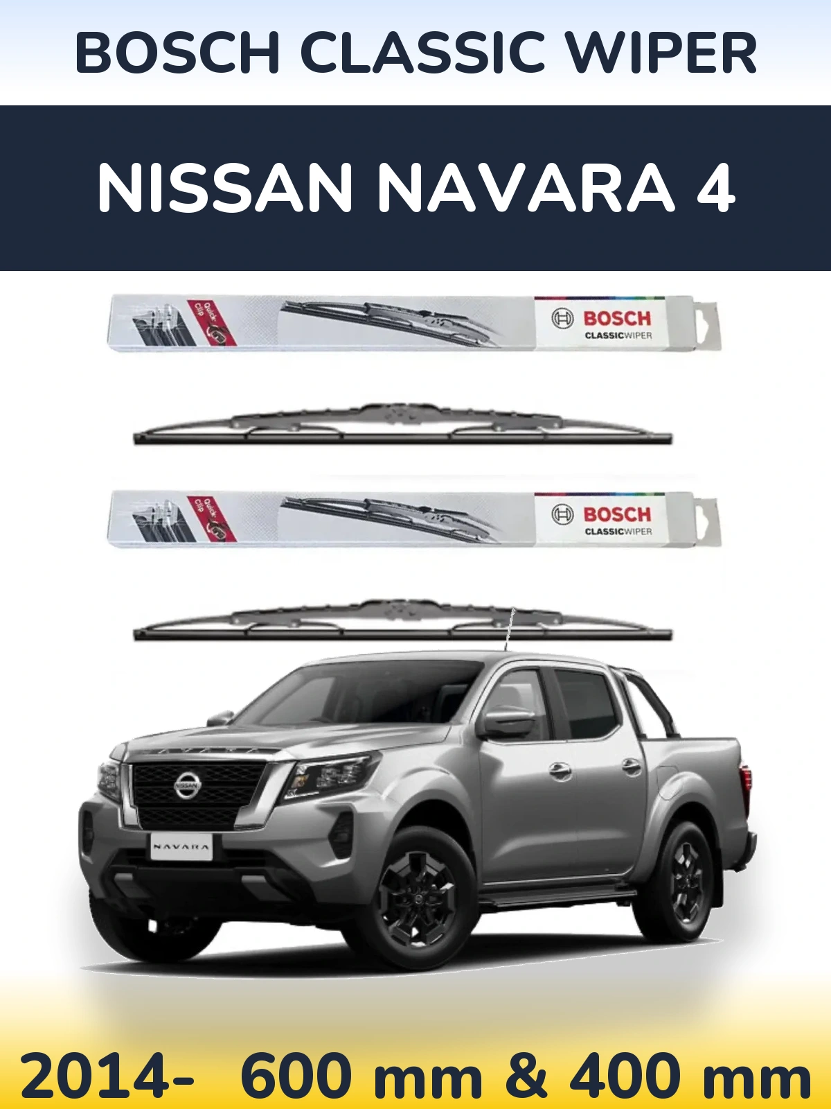 Front wiper blade set BOSCH Classic Wiper 600 & 400 mm for Nissan Navara 4 2014-2026