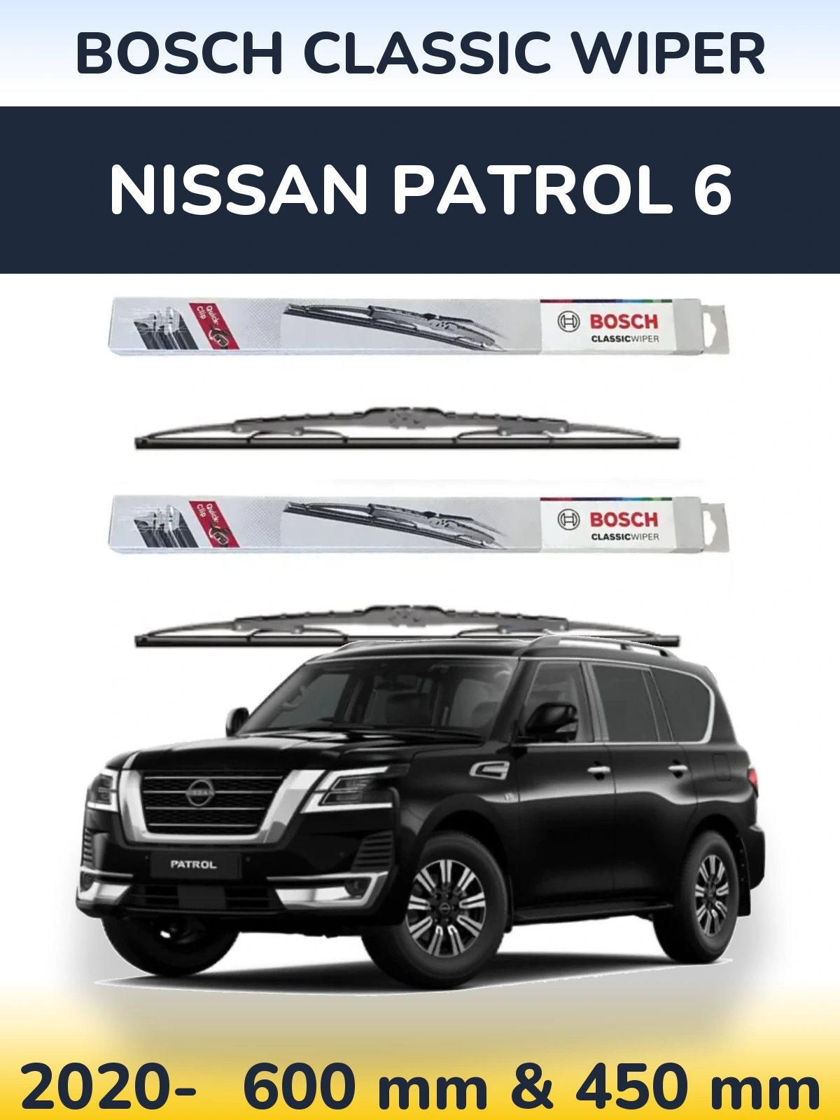 Front wiper blade set BOSCH Classic Wiper 600 & 450 mm for Nissan Patrol 6 2020-2026