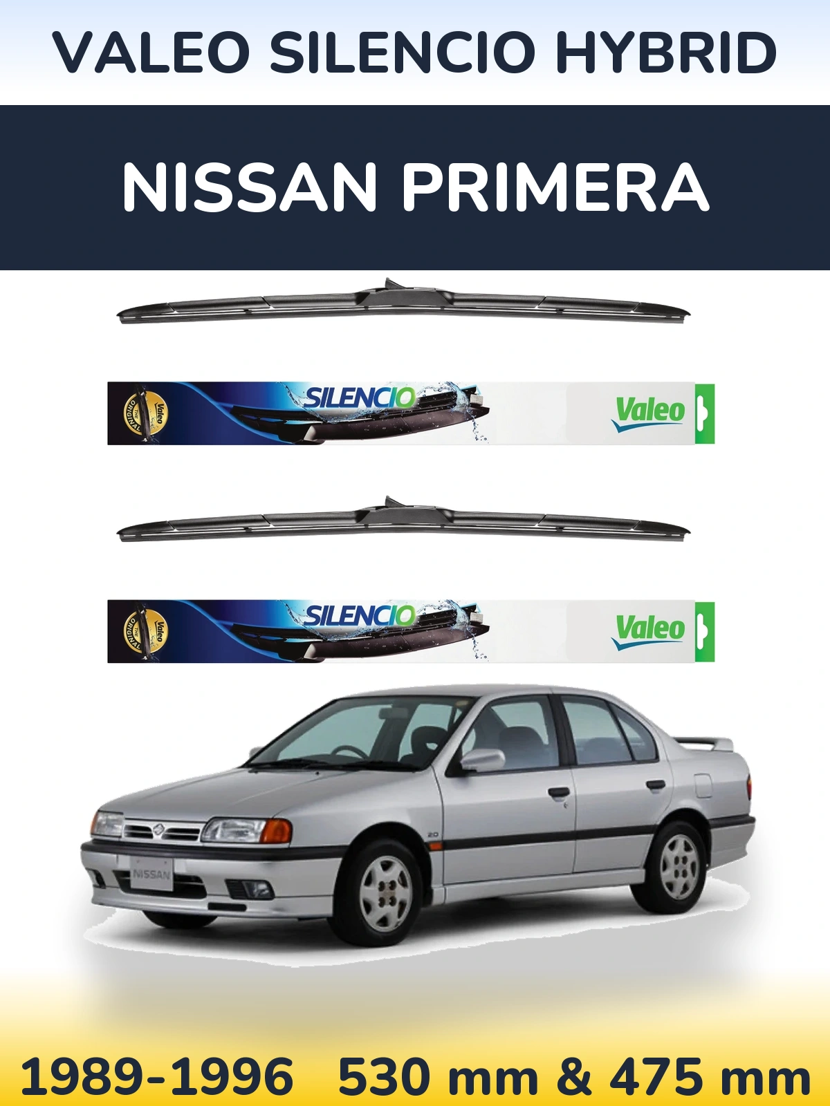 Front wiper blade set Valeo Silencio Hybrid 530 & 475 mm for Nissan Primera 1989-1996
