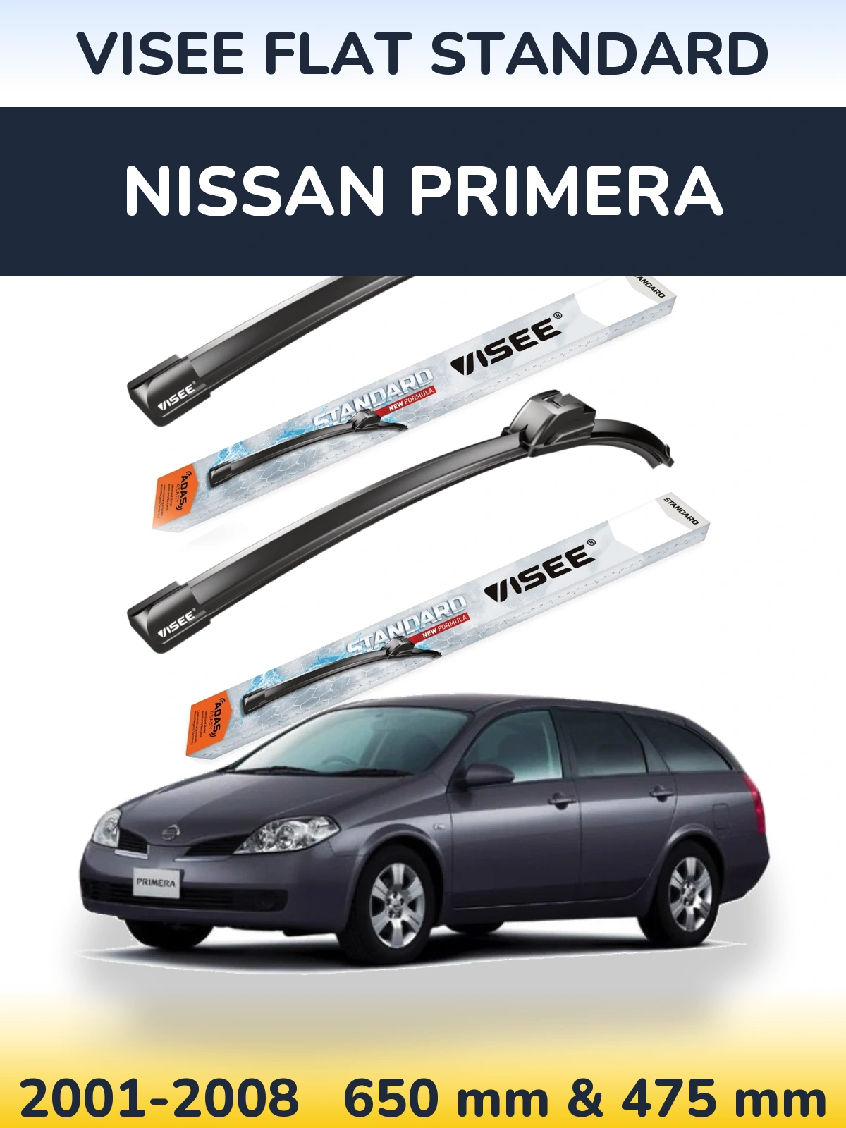 Комплект передніх щіток VISEE FLAT STANDARD 650 & 475 мм для Nissan Primera 2001-2008
