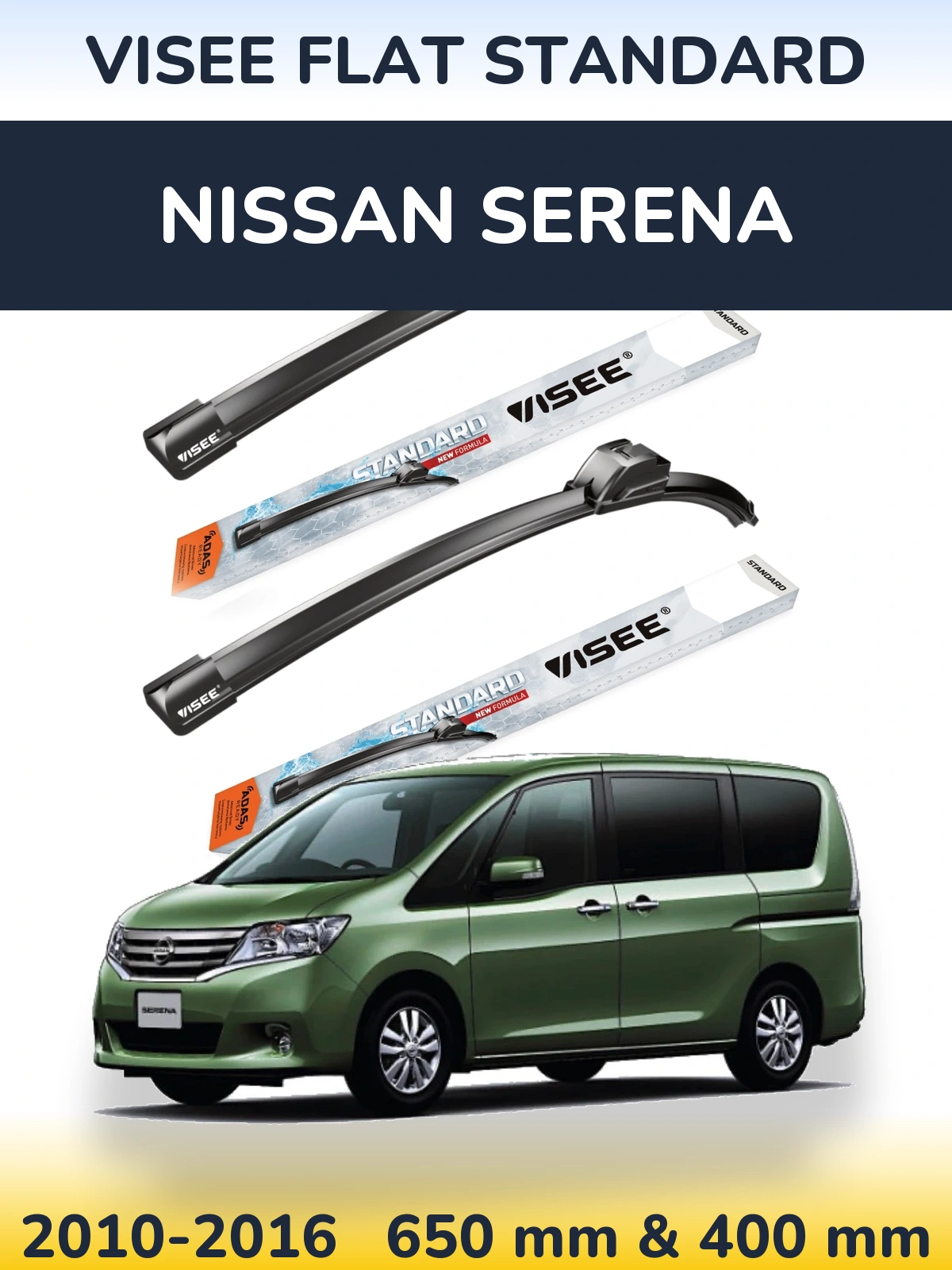 Front wiper blade set VISEE FLAT STANDARD 650 & 400 mm for Nissan Serena 2010-2016