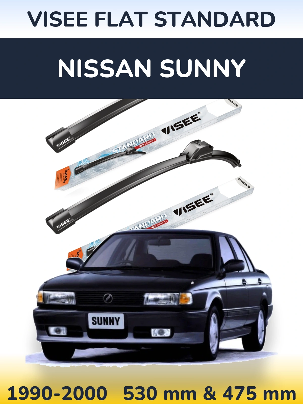 Front wiper blade set VISEE FLAT STANDARD 530 & 475 mm for Nissan Sunny 1990-2000
