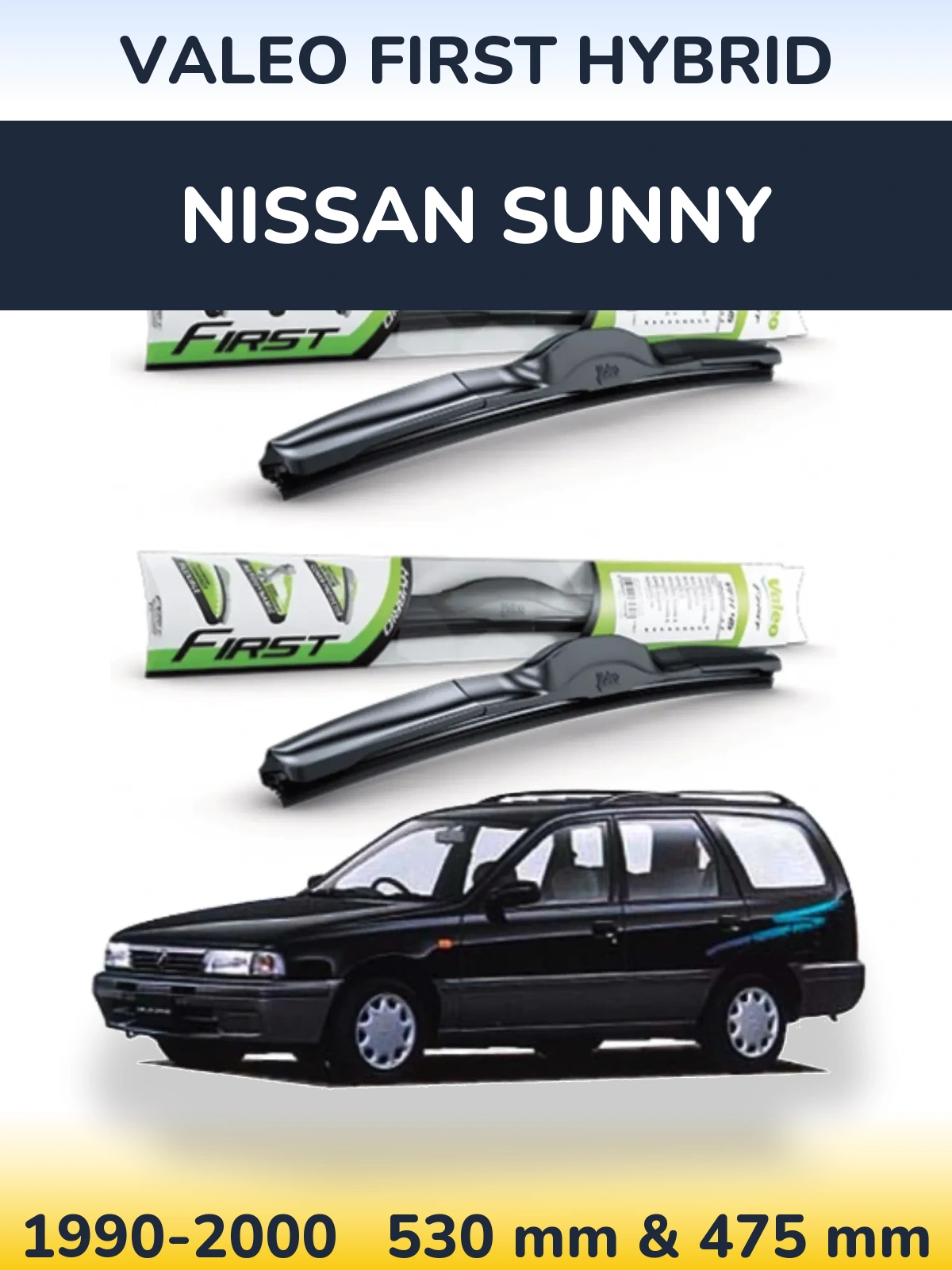 Front wiper blade set Valeo First Hybrid 530 & 475 mm for Nissan Sunny 1990-2000