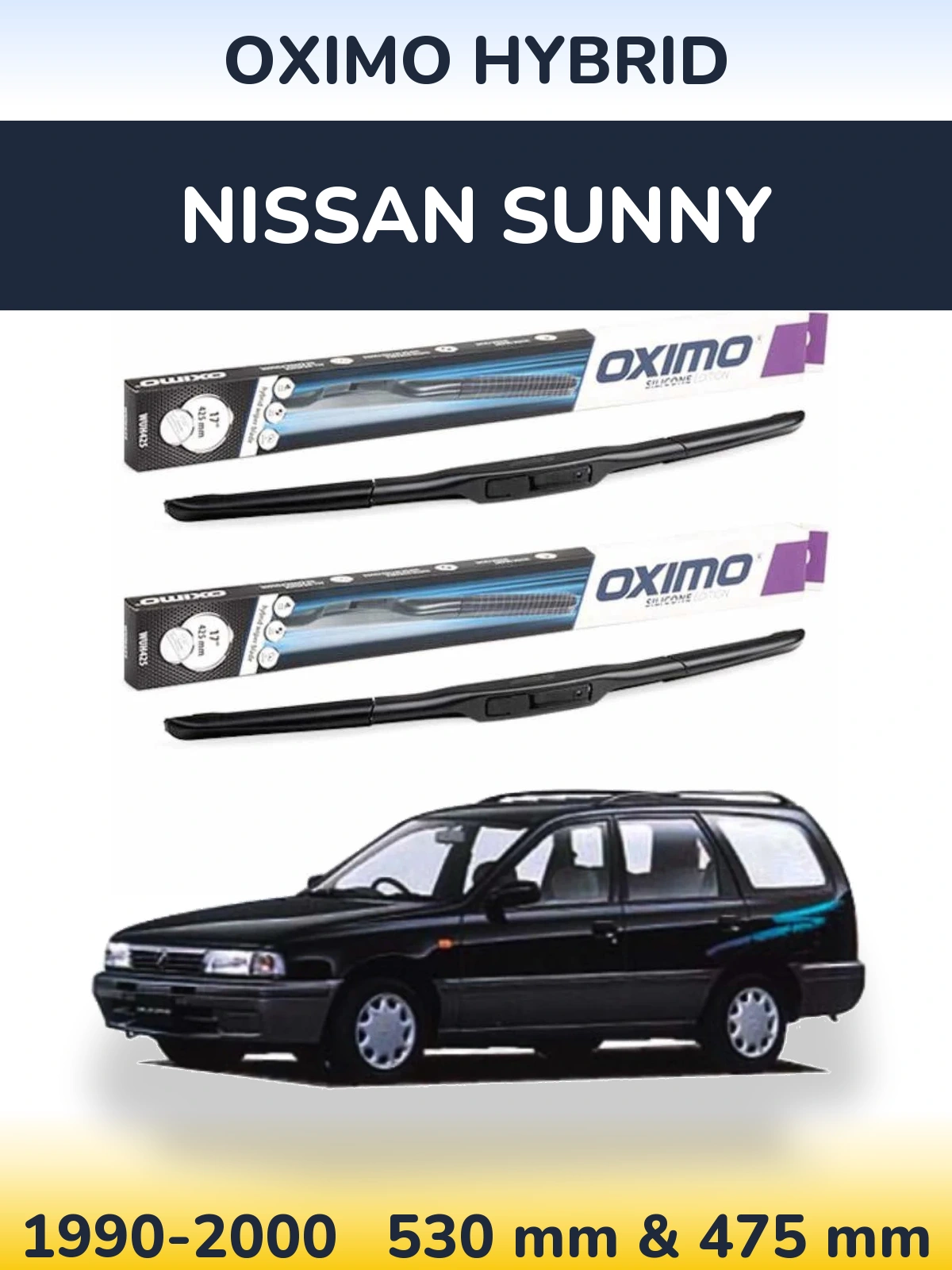 Front wiper blade set Oximo Hybrid 530 & 475 mm for Nissan Sunny 1990-2000