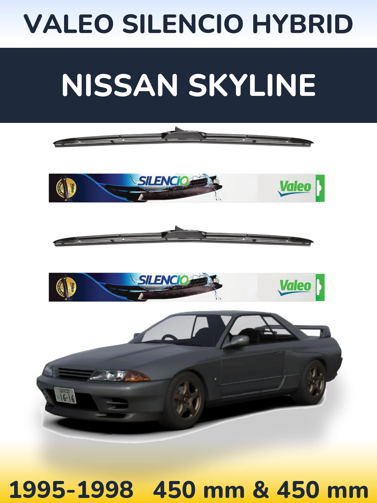 Front wiper blade set Valeo Silencio Hybrid 450 & 450 mm for Nissan Skyline 1995-1998