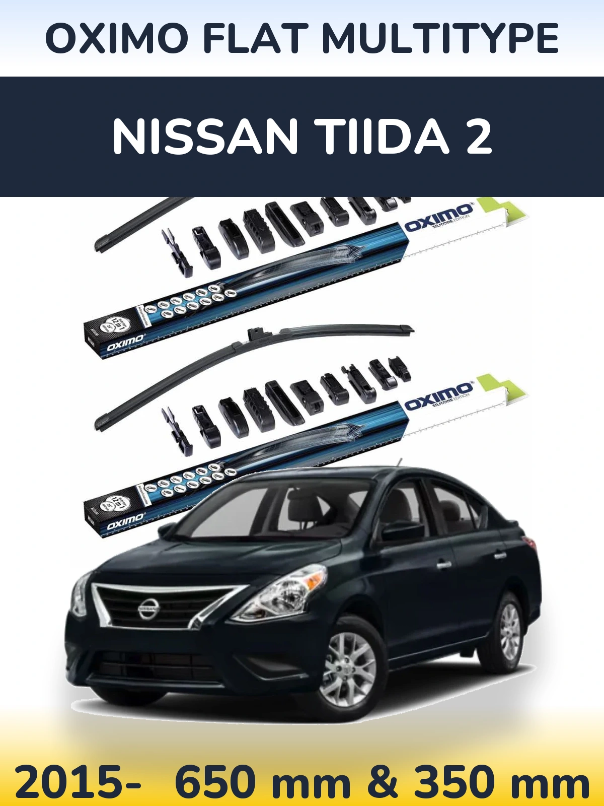 Front wiper blade set Oximo Flat MultiTipse 650 & 350 mm for Nissan Tiida 2 2015-2026