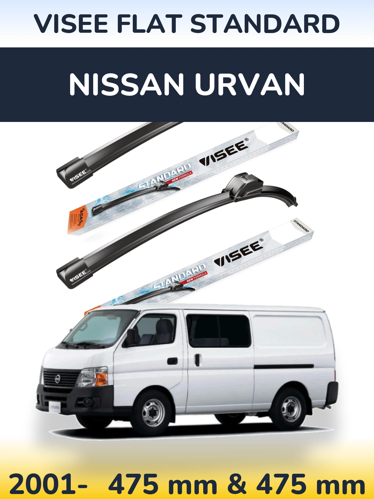 Front wiper blade set VISEE FLAT STANDARD 475 & 475 mm for Nissan Urvan 2001-2026