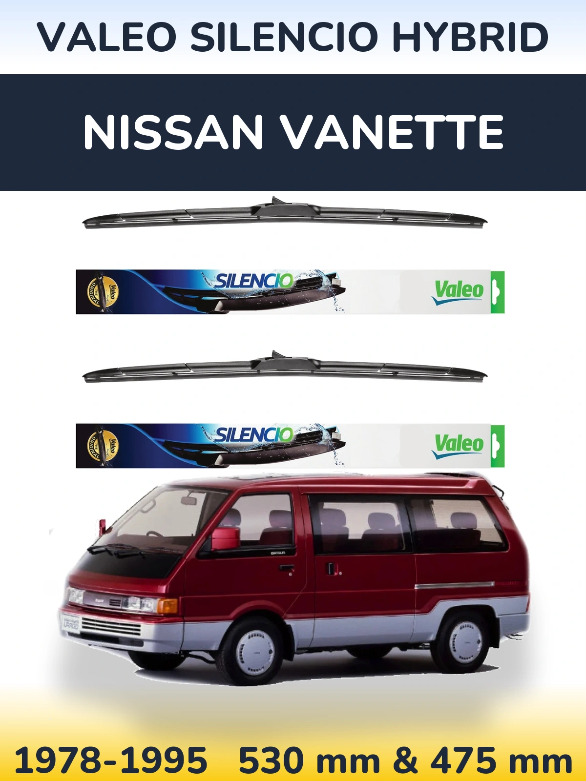 Front wiper blade set Valeo Silencio Hybrid 530 & 475 mm for Nissan Vanette 1978-1995