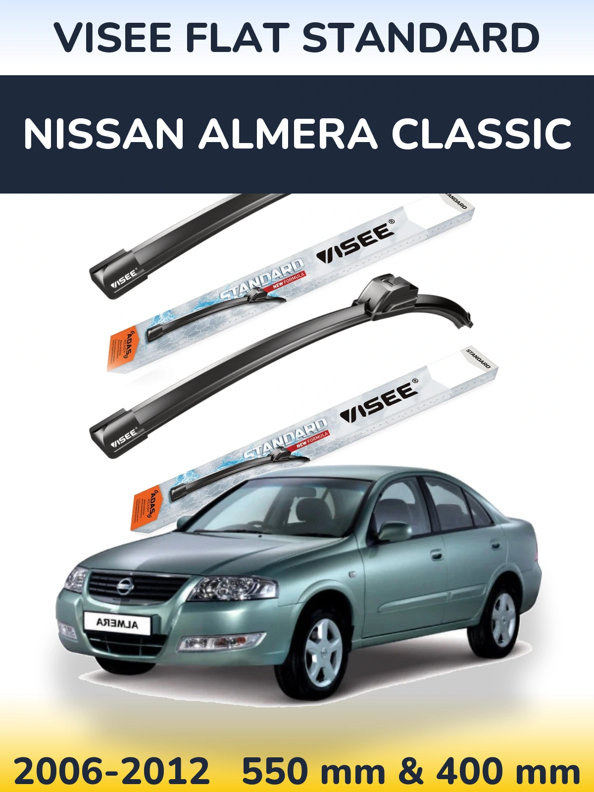 Front wiper blade set VISEE FLAT STANDARD 550 & 400 mm for Nissan Almera Classic 2006-2012