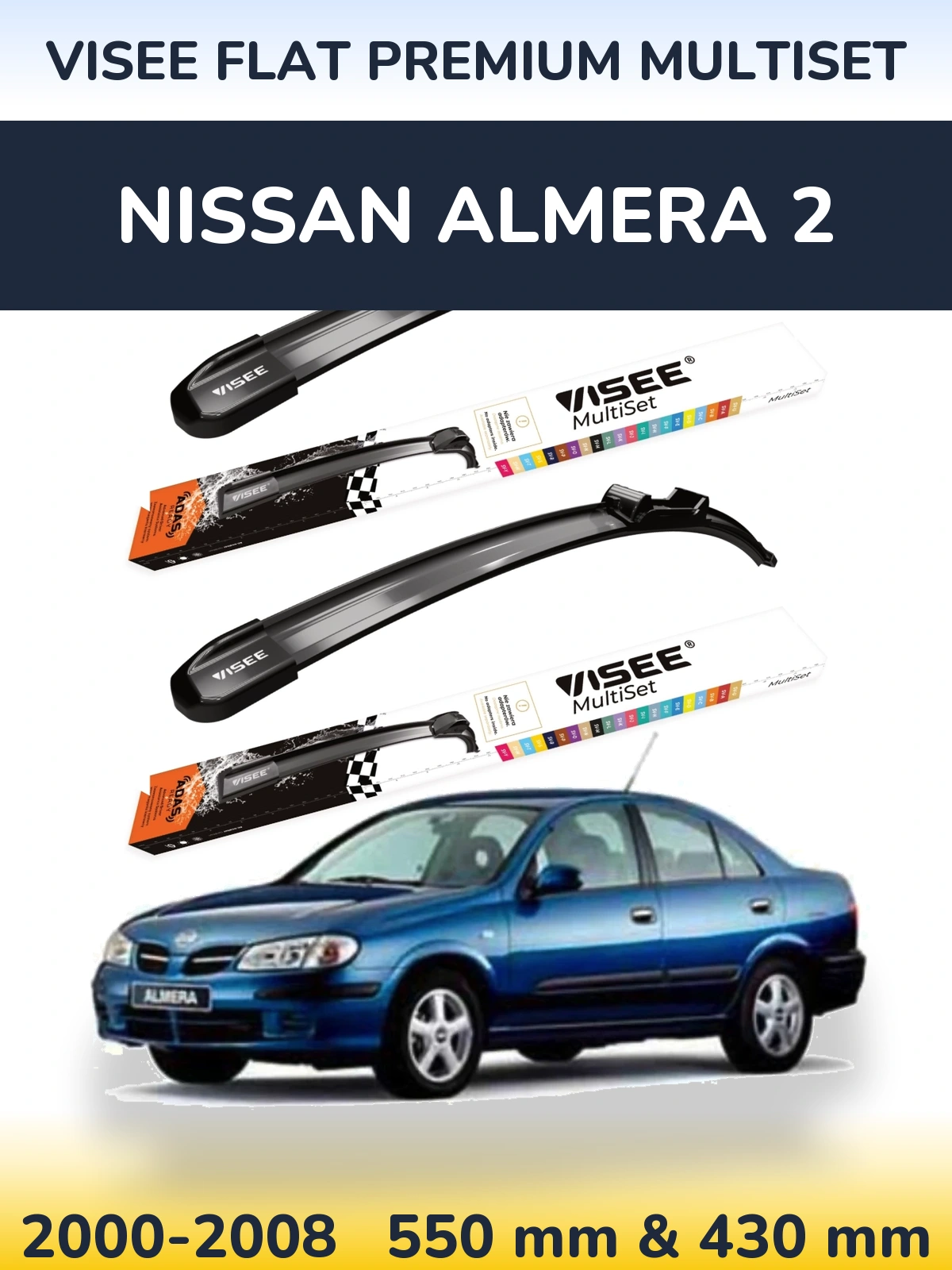 Front wiper blade set VISEE FLAT PREMIUM MultiSet 550 & 430 mm for Nissan Almera 2 2000-2008
