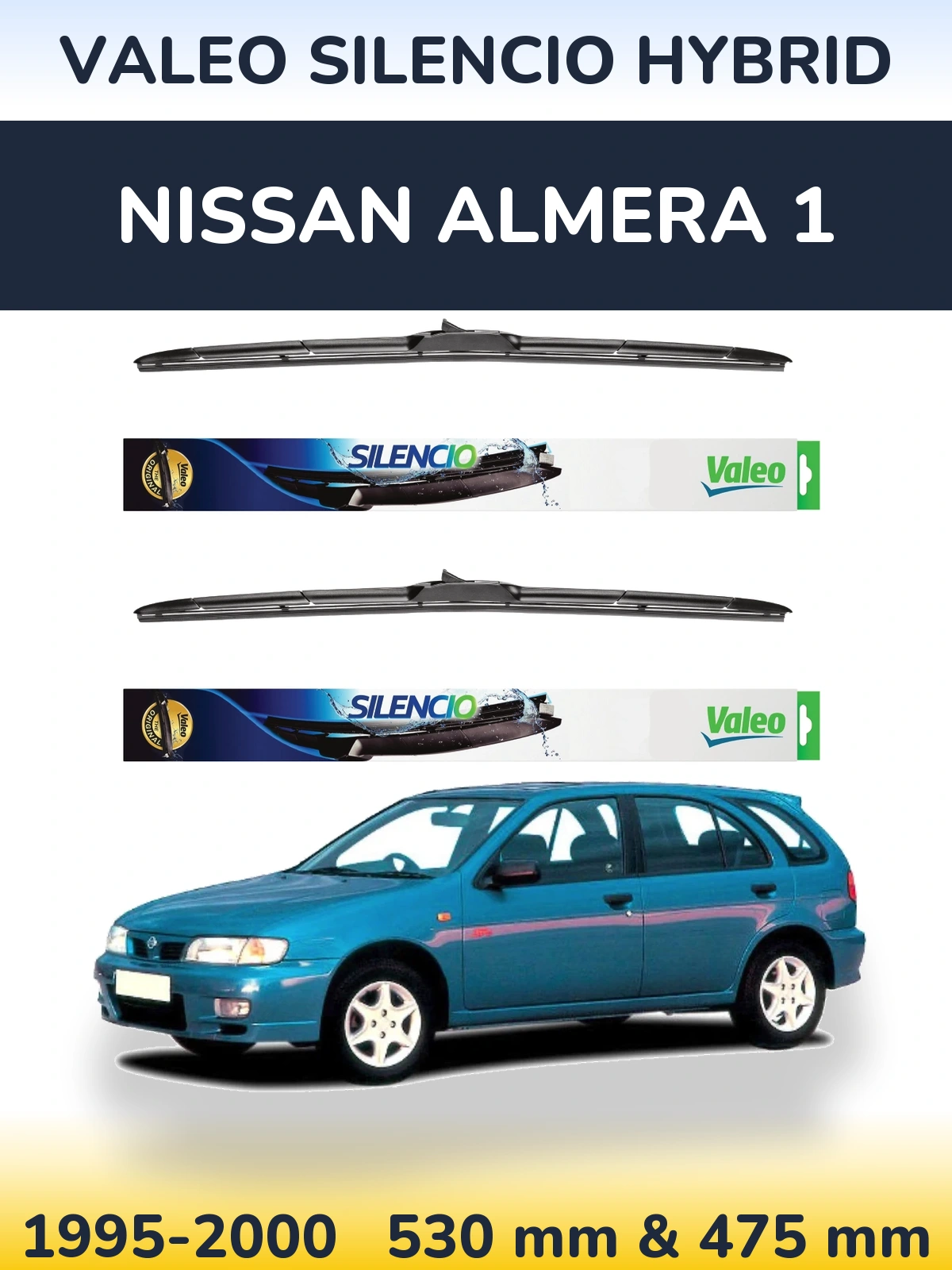 Front wiper blade set Valeo Silencio Hybrid 530 & 475 mm for Nissan Almera 1 1995-2000