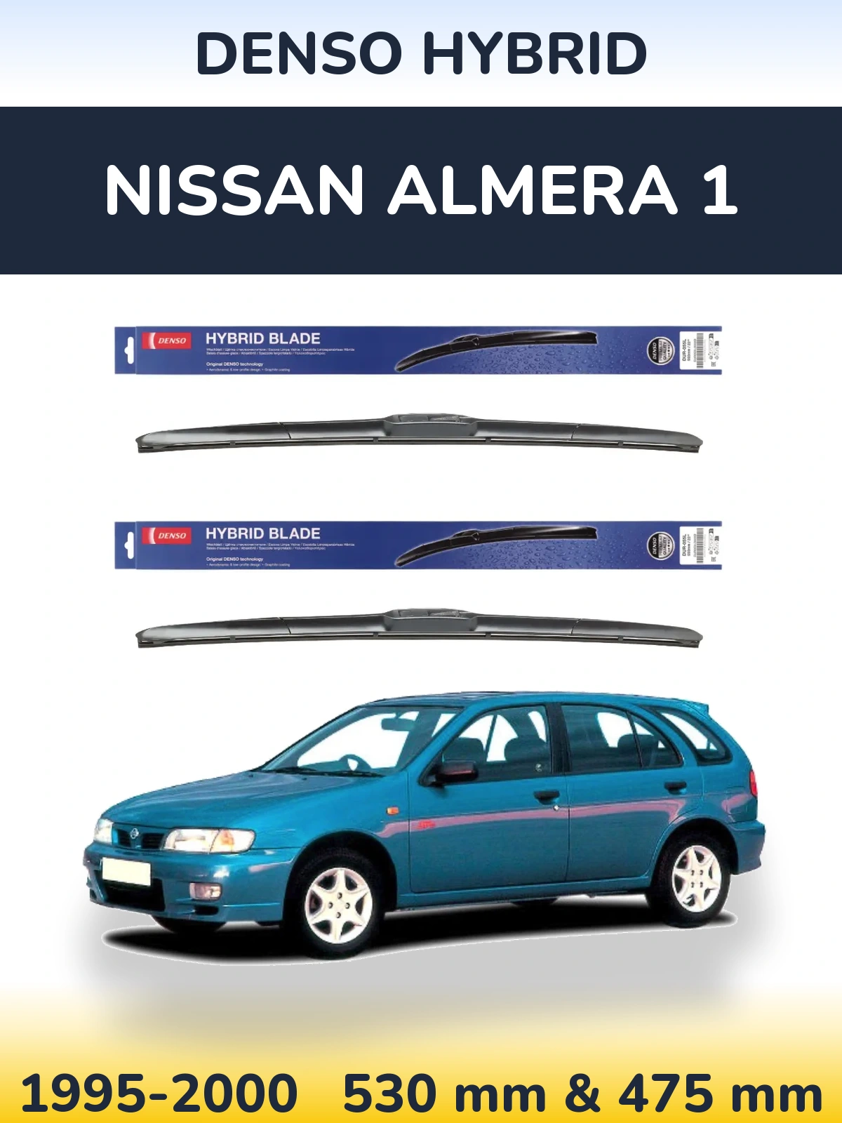 Front wiper blade set Denso Hybrid 530 & 475 mm for Nissan Almera 1 1995-2000