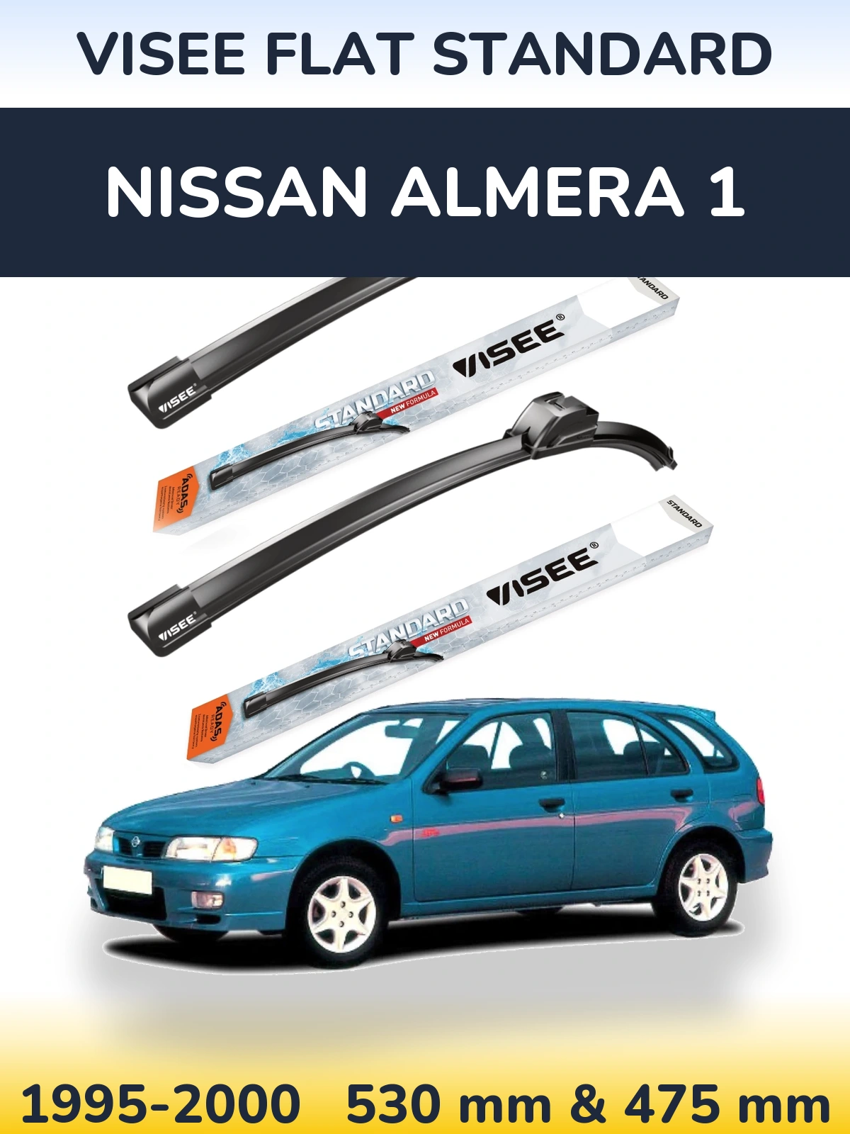 Front wiper blade set VISEE FLAT STANDARD 530 & 475 mm for Nissan Almera 1 1995-2000