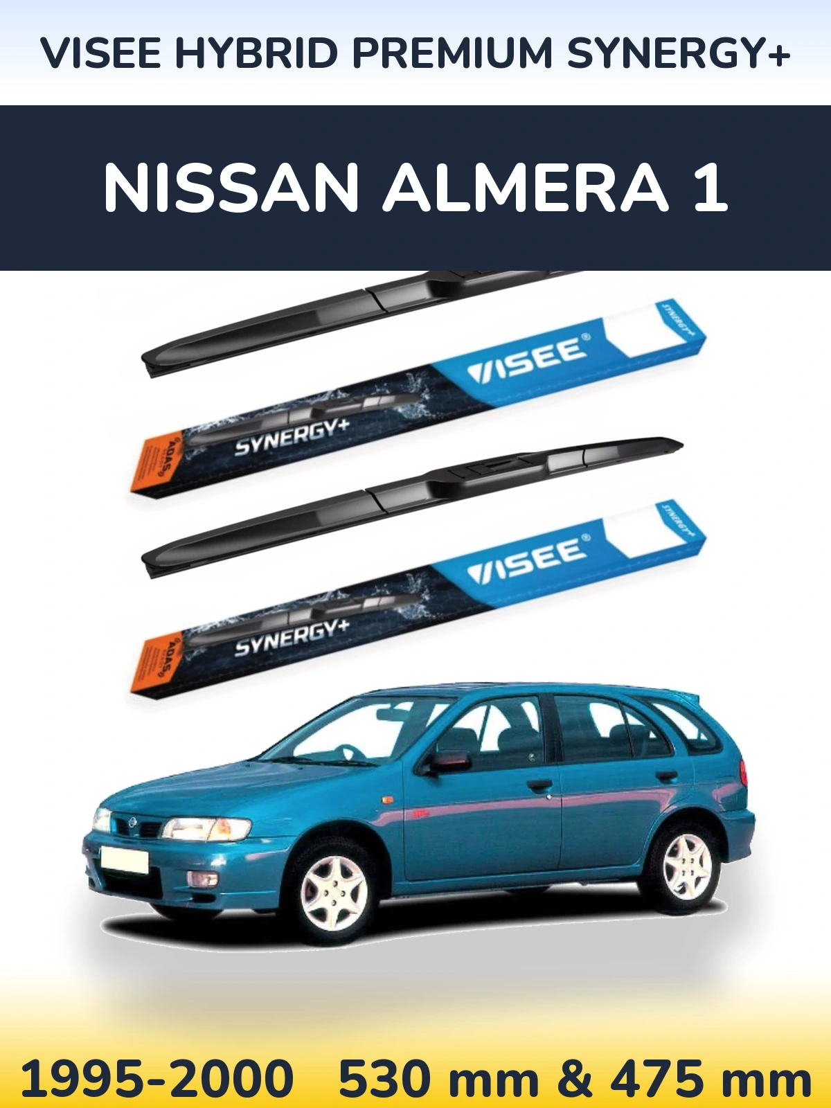 Front wiper blade set VISEE HYBRID PREMIUM SYNERGY+ 530 & 475 mm for Nissan Almera 1 1995-2000