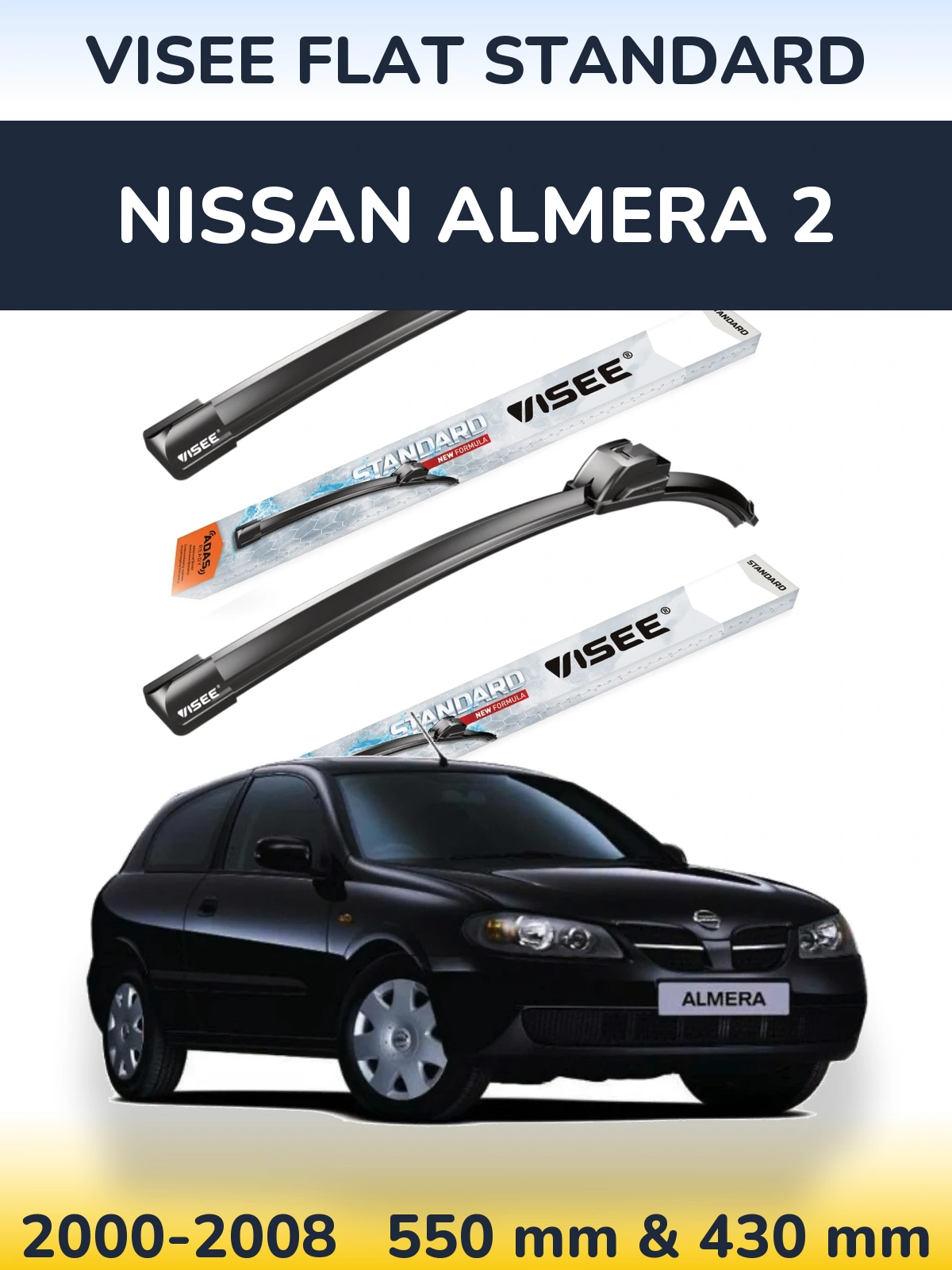 Front wiper blade set VISEE FLAT STANDARD 550 & 430 mm for Nissan Almera 2 2000-2008