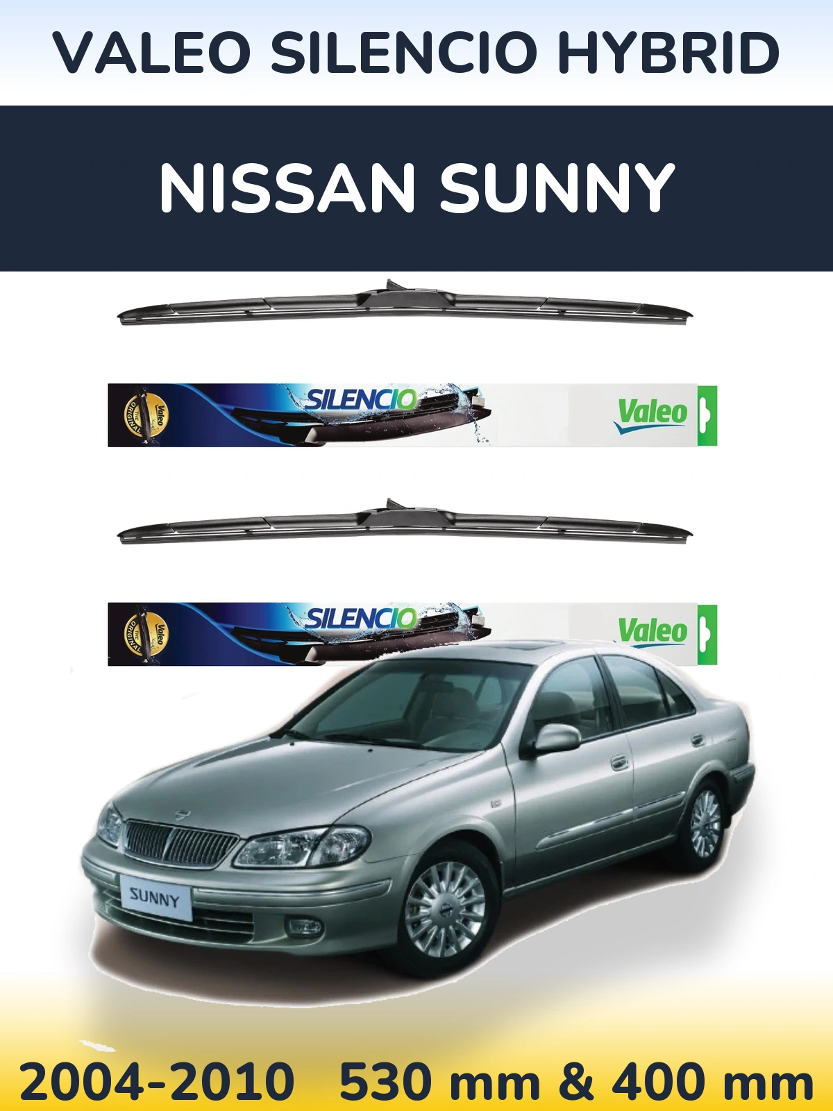 Front wiper blade set Valeo Silencio Hybrid 530 & 400 mm for Nissan Sunny 2004-2010