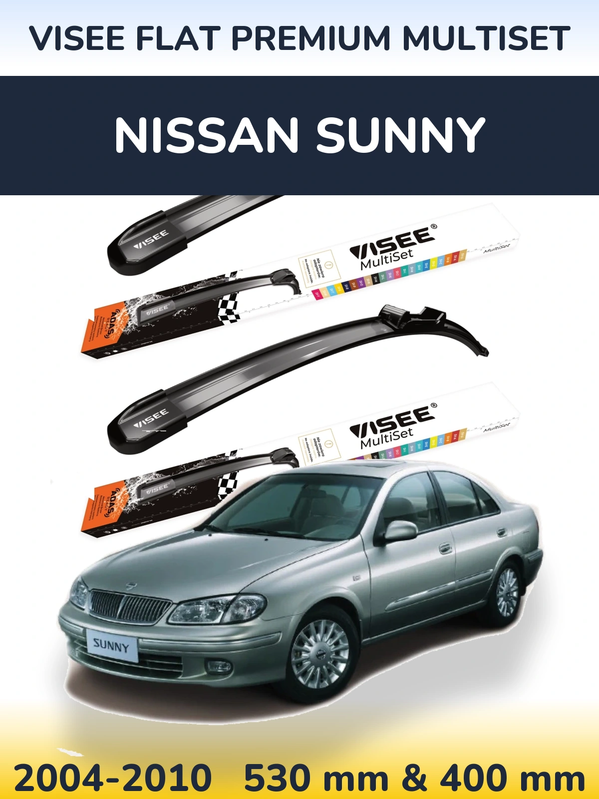 Front wiper blade set VISEE FLAT PREMIUM MultiSet 530 & 400 mm for Nissan Sunny 2004-2010