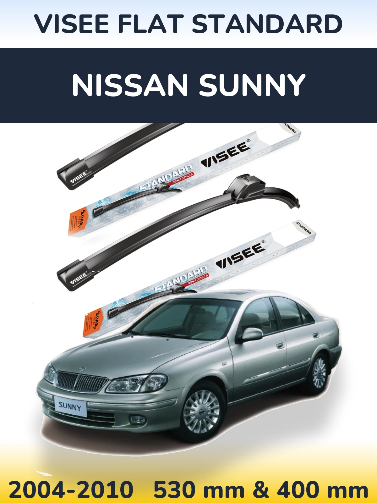 Front wiper blade set VISEE FLAT STANDARD 530 & 400 mm for Nissan Sunny 2004-2010