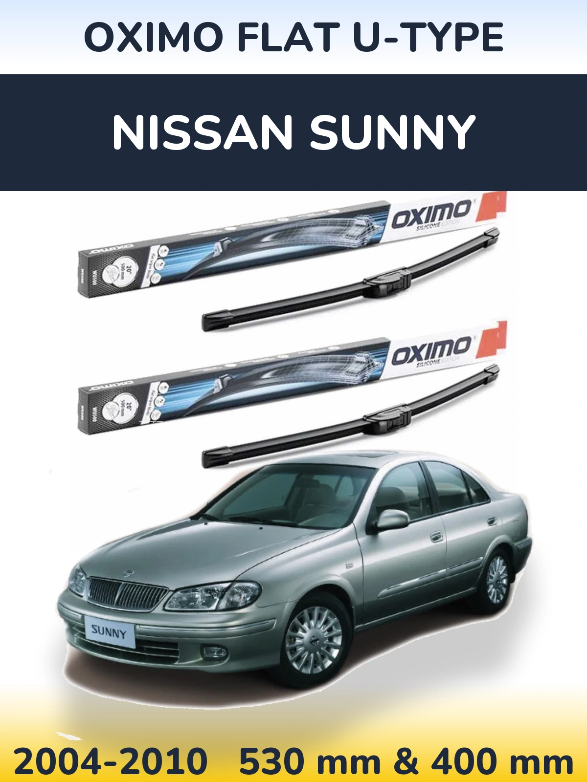 Front wiper blade set Oximo Flat U-type 530 & 400 mm for Nissan Sunny 2004-2010