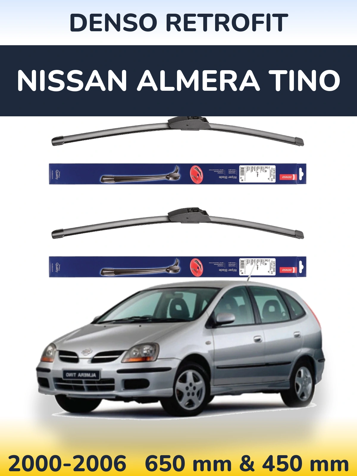 Front wiper blade set Denso Retrofit 650 & 450 mm for Nissan Almera Tino 2000-2006