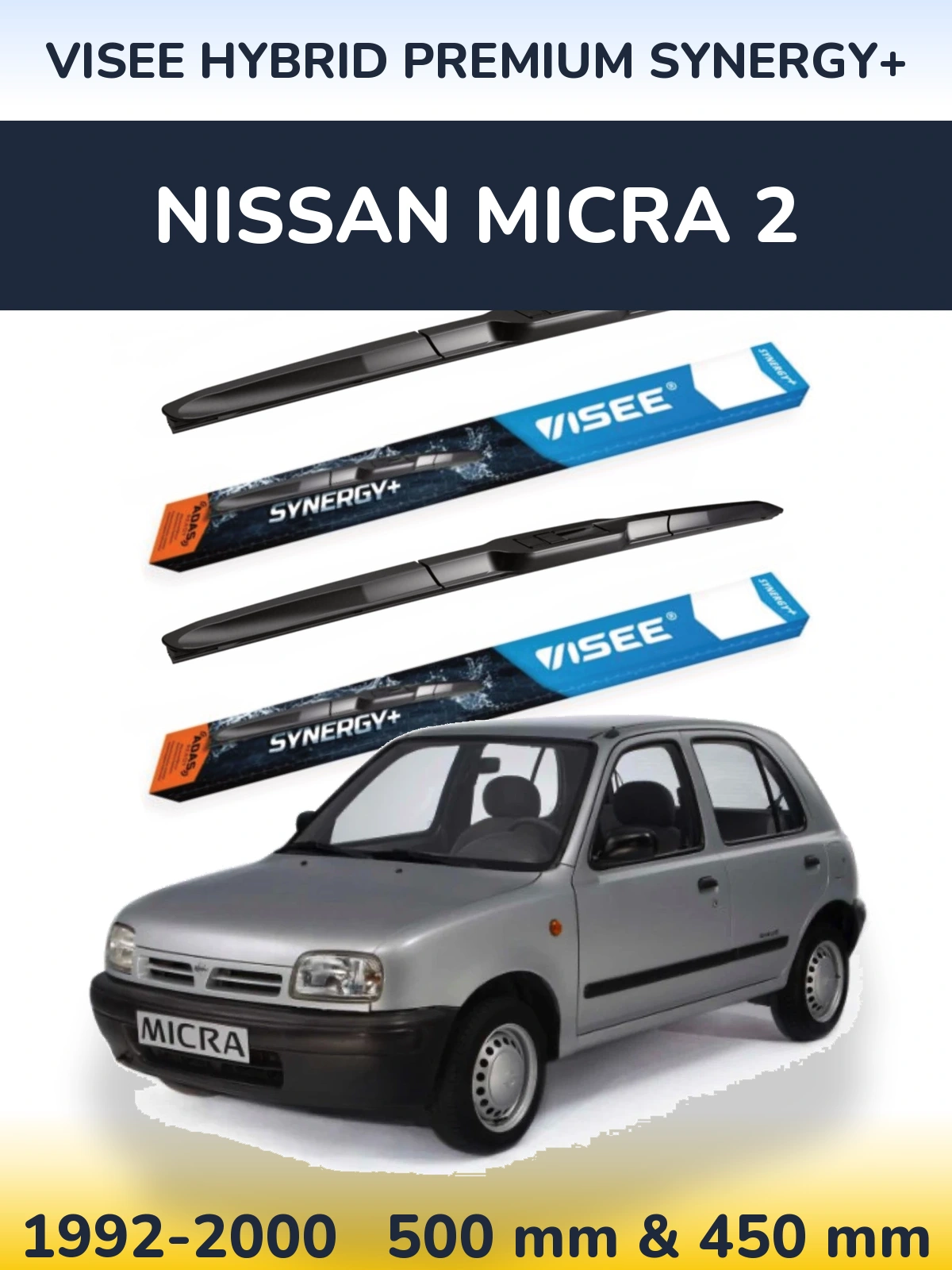 Front wiper blade set VISEE HYBRID PREMIUM SYNERGY+ 500 & 450 mm for Nissan Micra 2 1992-2000