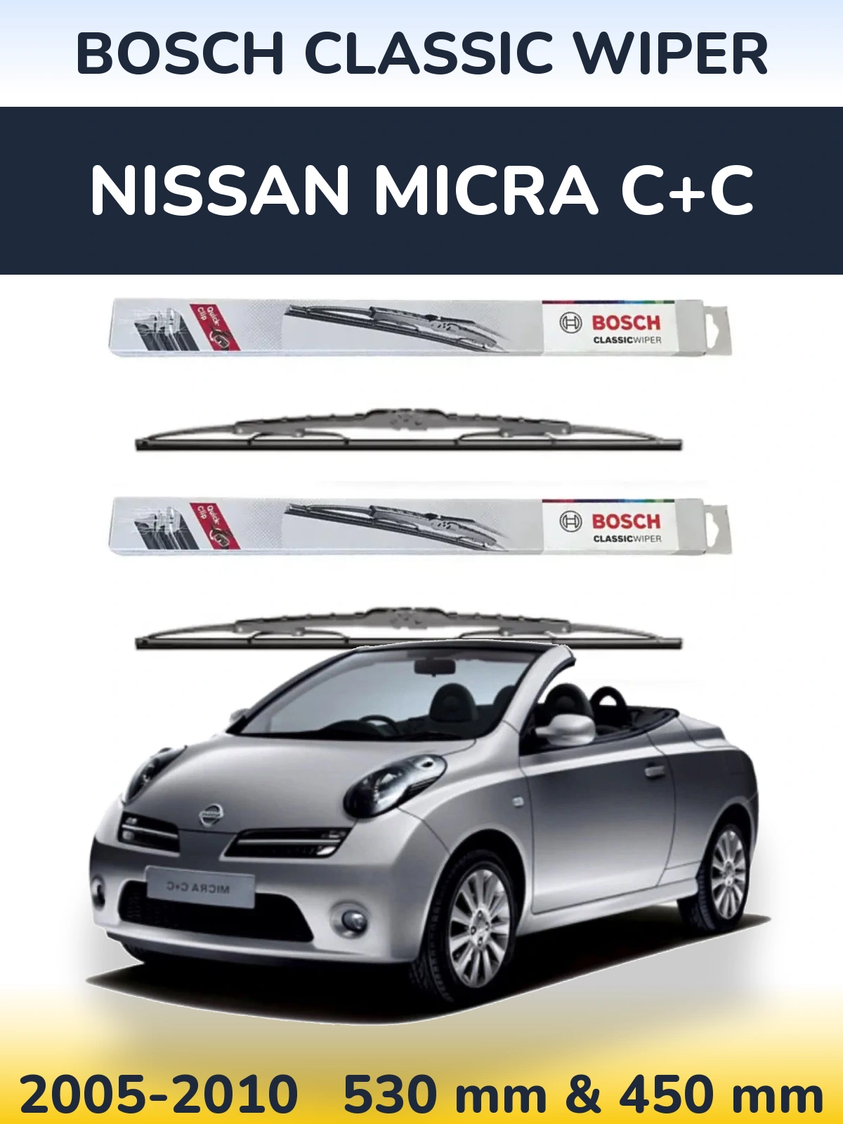 Комплект передних дворников BOSCH Classic Wiper 530 & 450 мм для Nissan Micra C+C 2005-2010