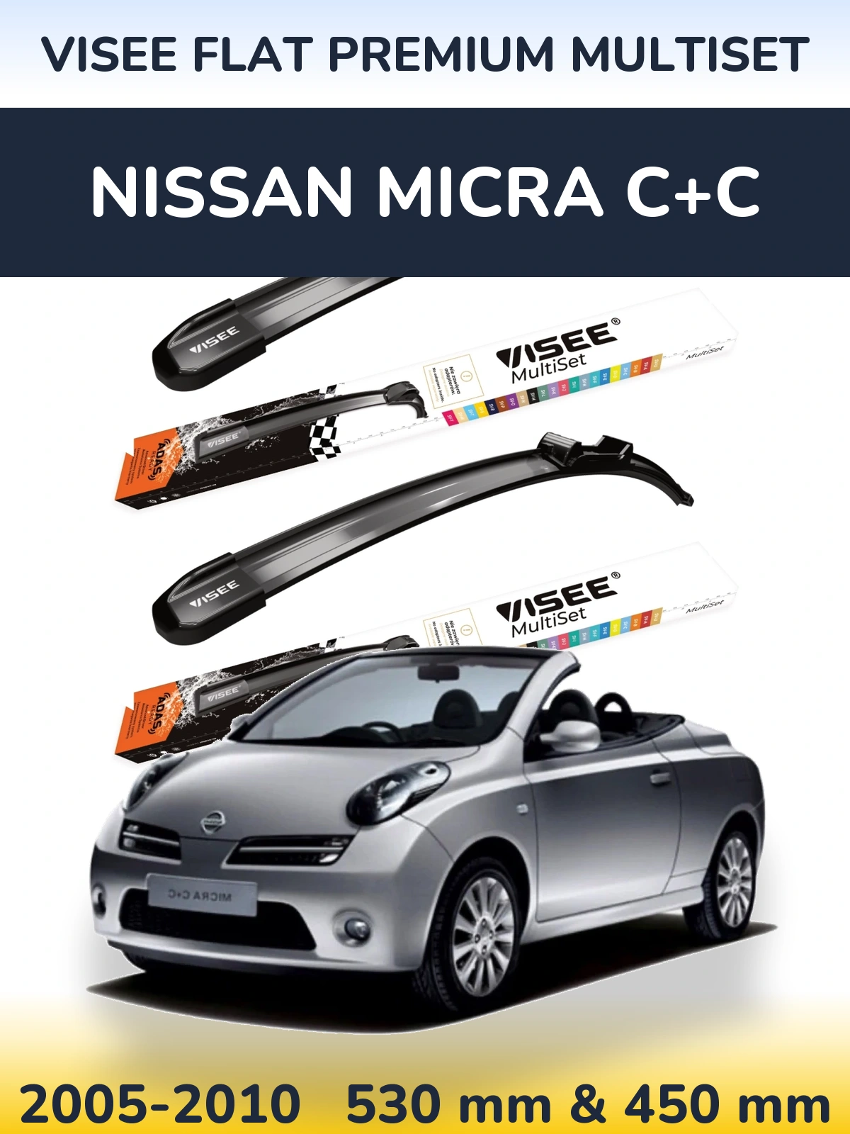 Front wiper blade set VISEE FLAT PREMIUM MultiSet 530 & 450 mm for Nissan Micra C+C 2005-2010