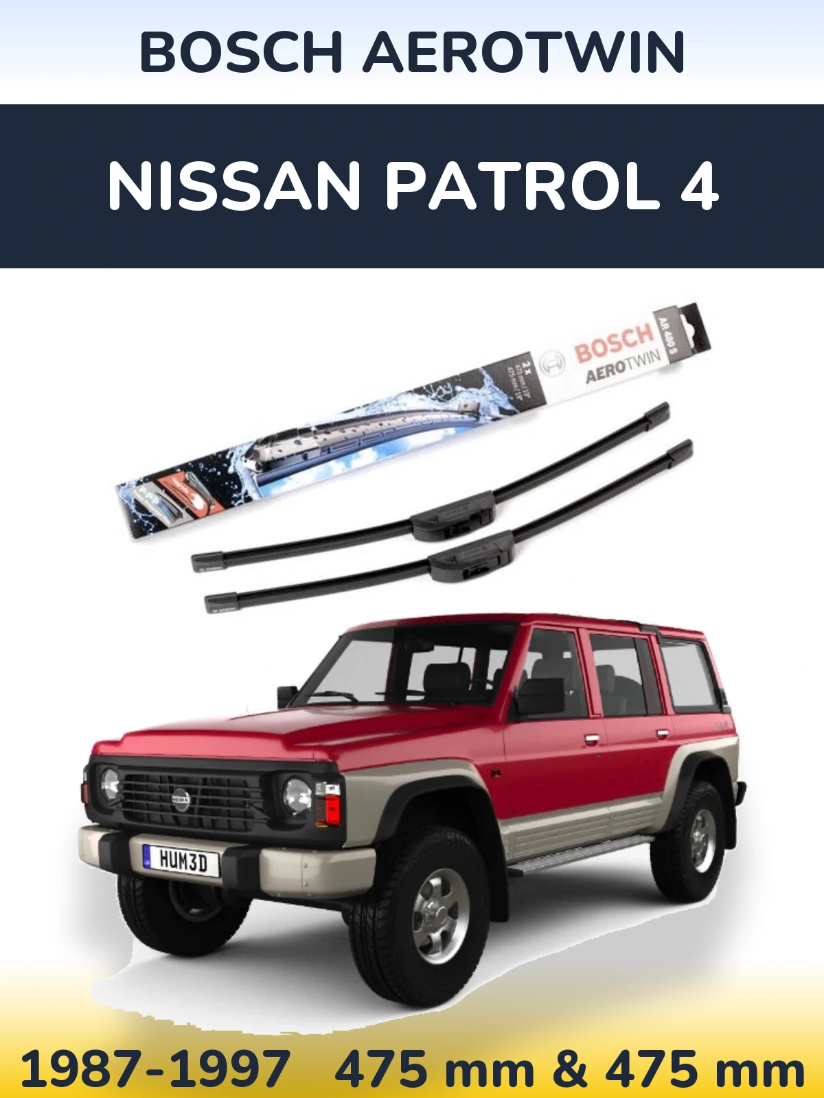 Front wiper blade set BOSCH AeroTwin 475 & 475 mm for Nissan Patrol 4 1987-1997